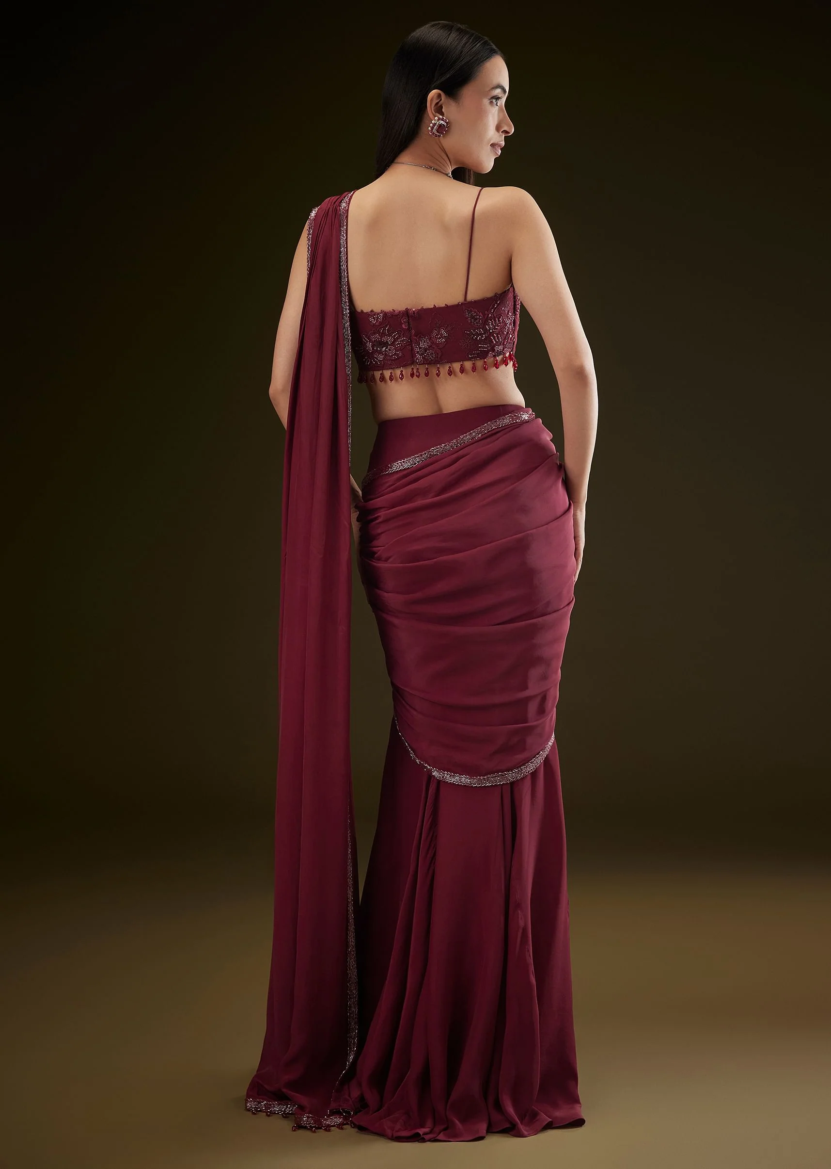 Maroon Corset Embroidered Blouse With Pre Stitched Draped Saree - Image 6