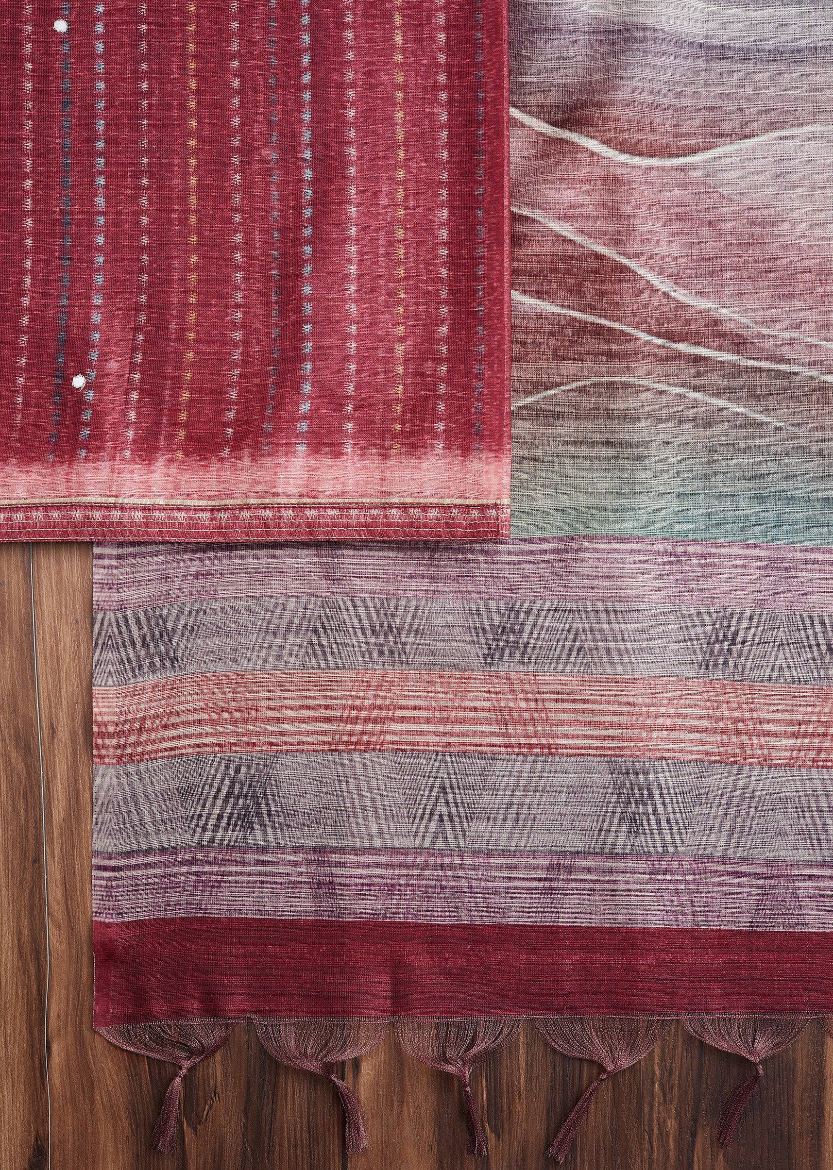 Maroon Dola Silk Printed Unstitched Suit - Image 3
