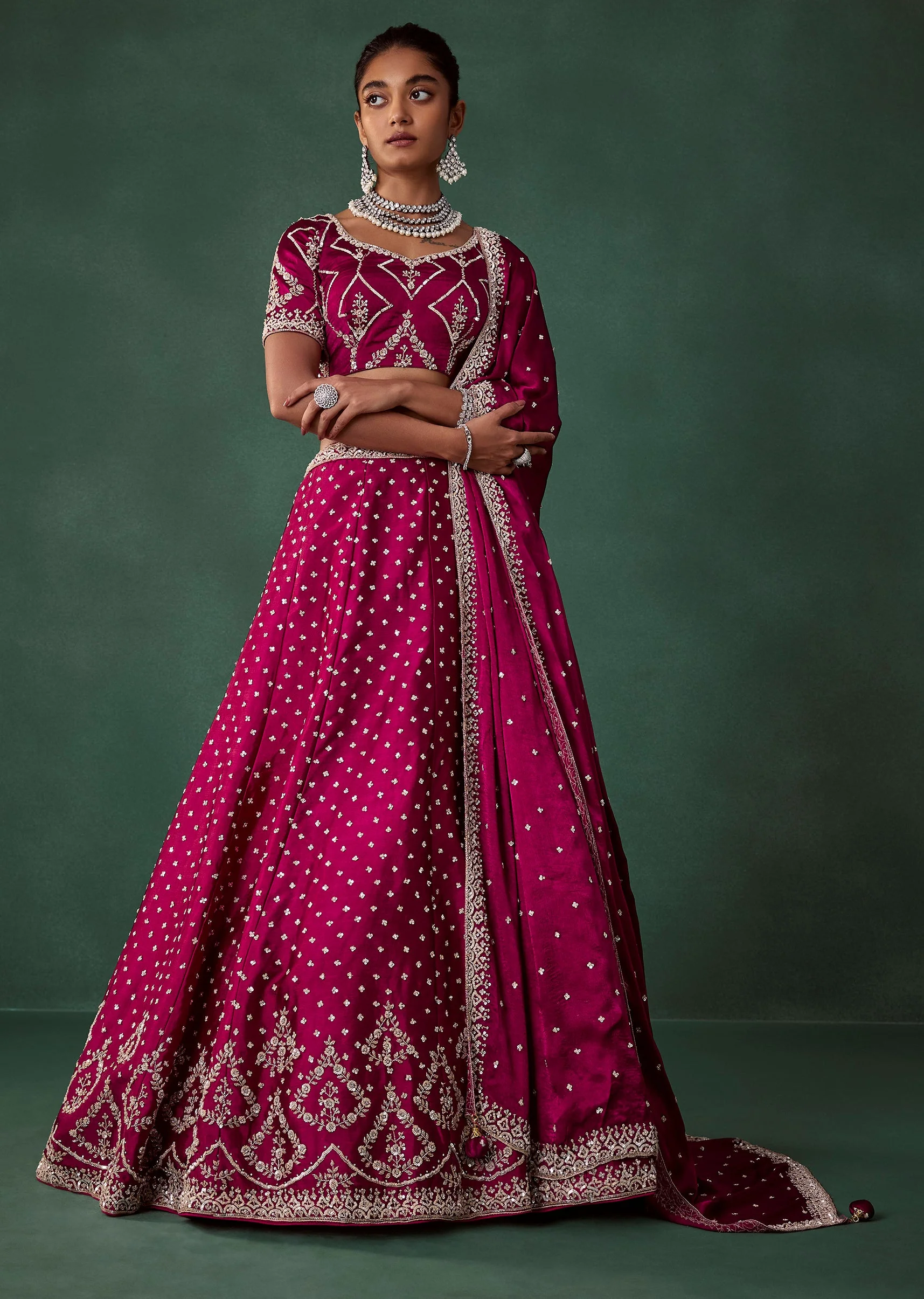 Maroon Embroidered Satin Bridal Lehenga Set with Cutdana - Image 4