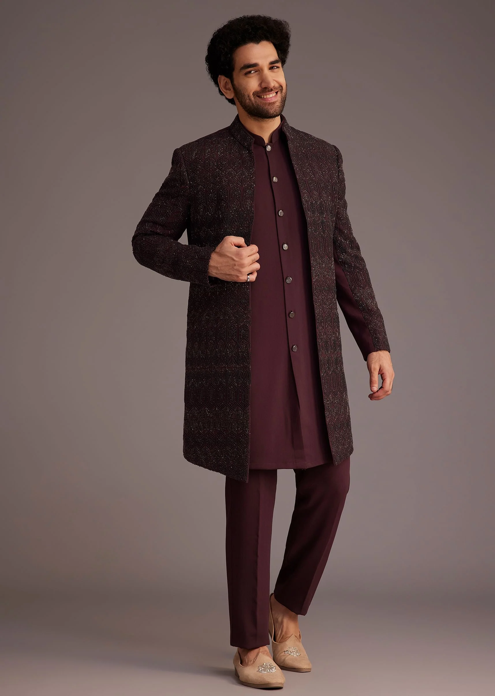 Maroon Embroidered Sherwani With Mandarin Collar - Image 2