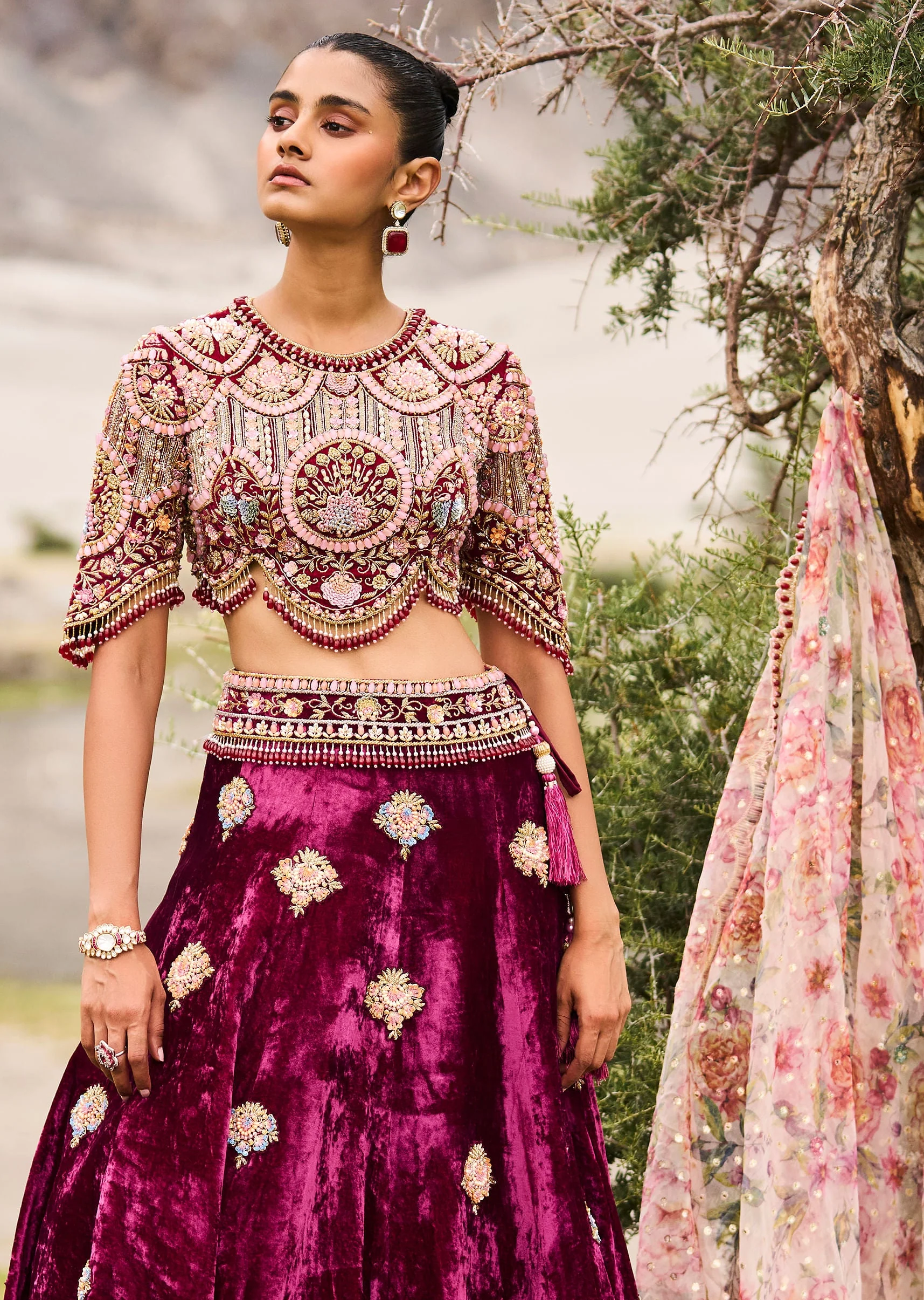 Maroon Embroidered Velvet Lehenga And Blouse With Dupatta - Image 2