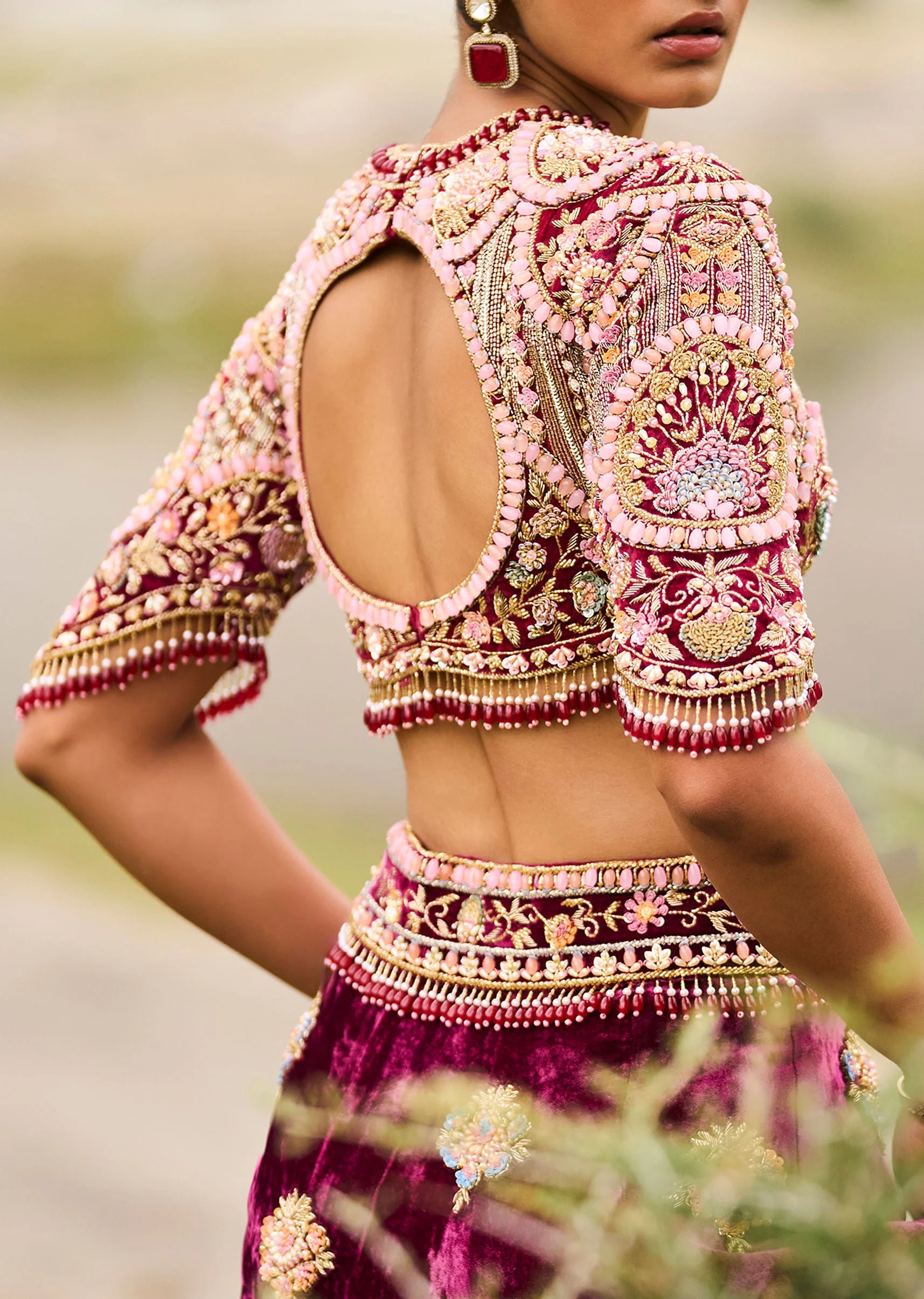 Maroon Embroidered Velvet Lehenga And Blouse With Dupatta - Image 4