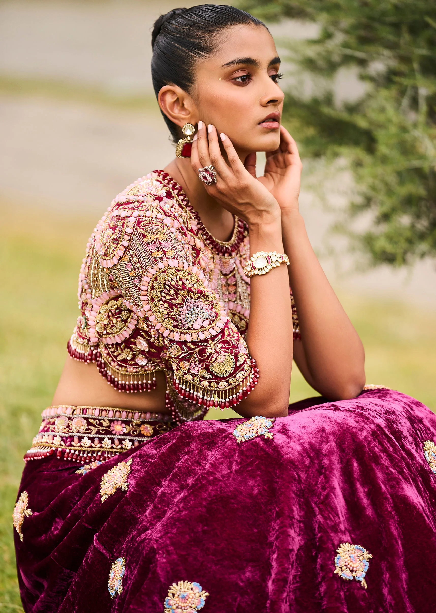Maroon Embroidered Velvet Lehenga And Blouse With Dupatta - Image 5