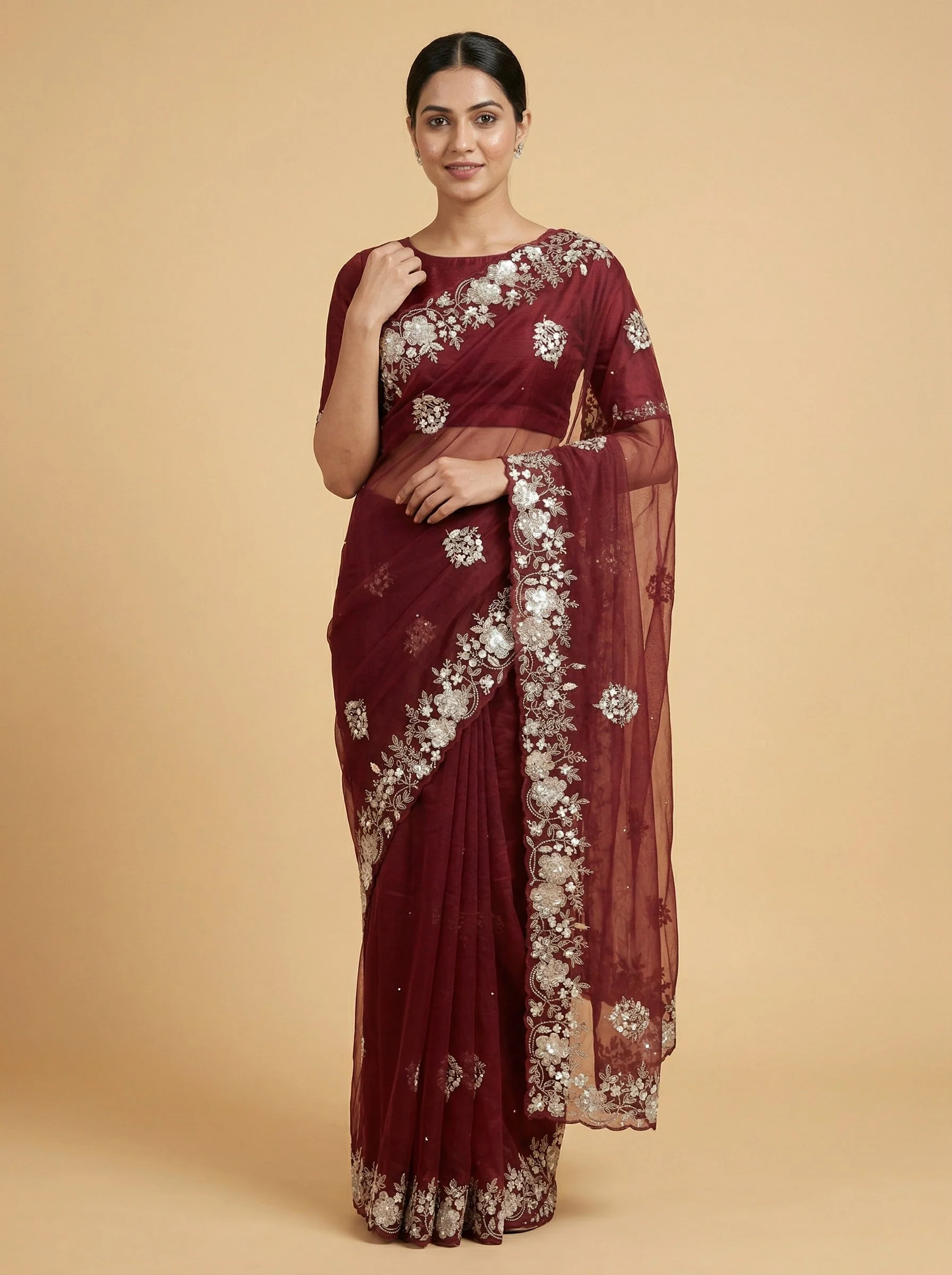 Maroon Grand-Tone Embroidered Saree