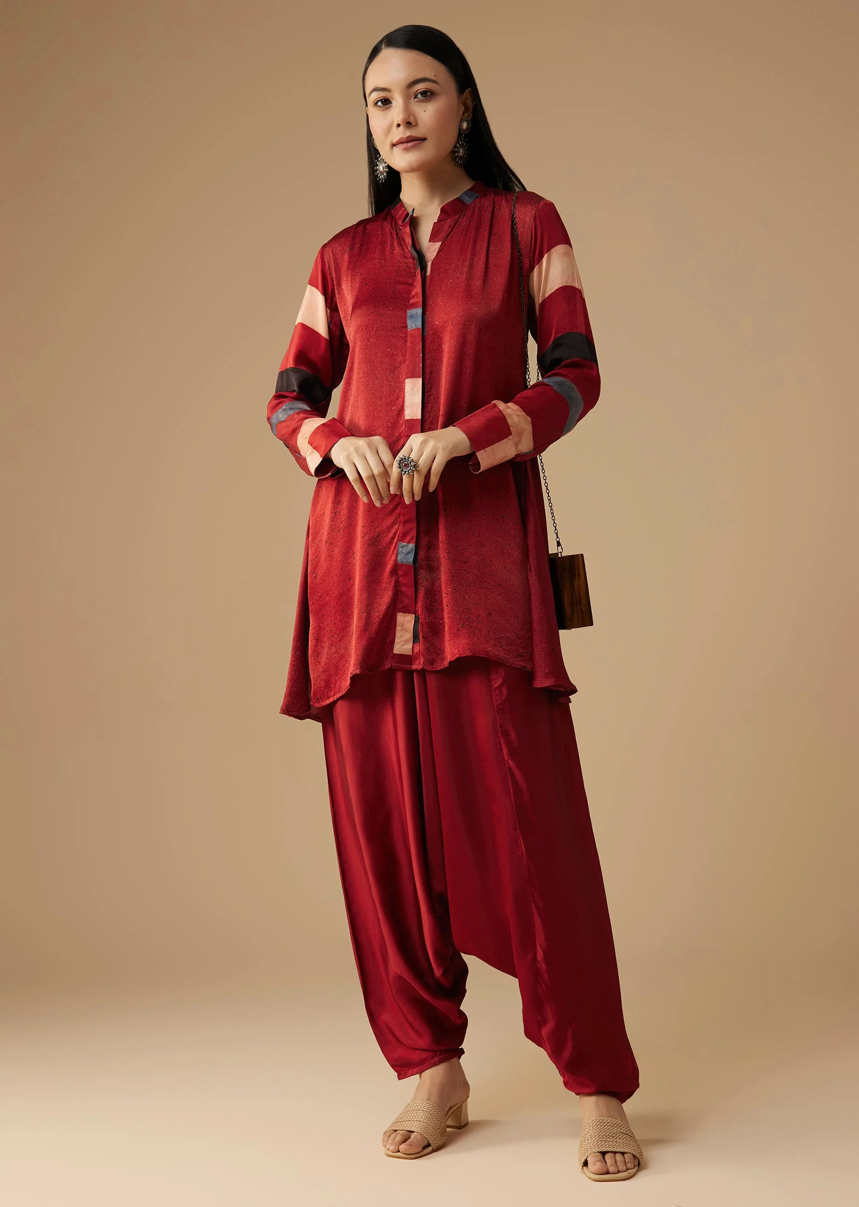 Maroon Hand Dyed Ajrakh Jacket, Shirt and Dhoti Set - Image 2