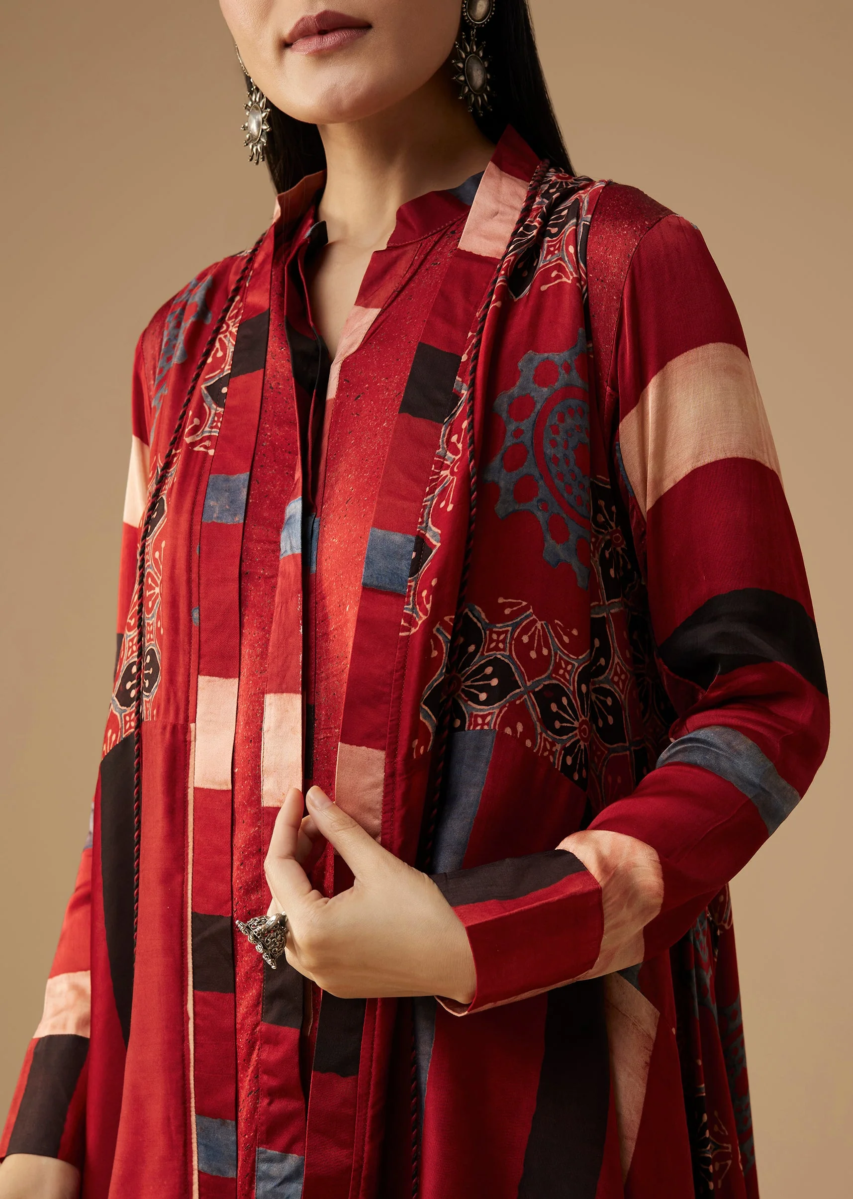 Maroon Hand Dyed Ajrakh Jacket, Shirt and Dhoti Set - Image 3