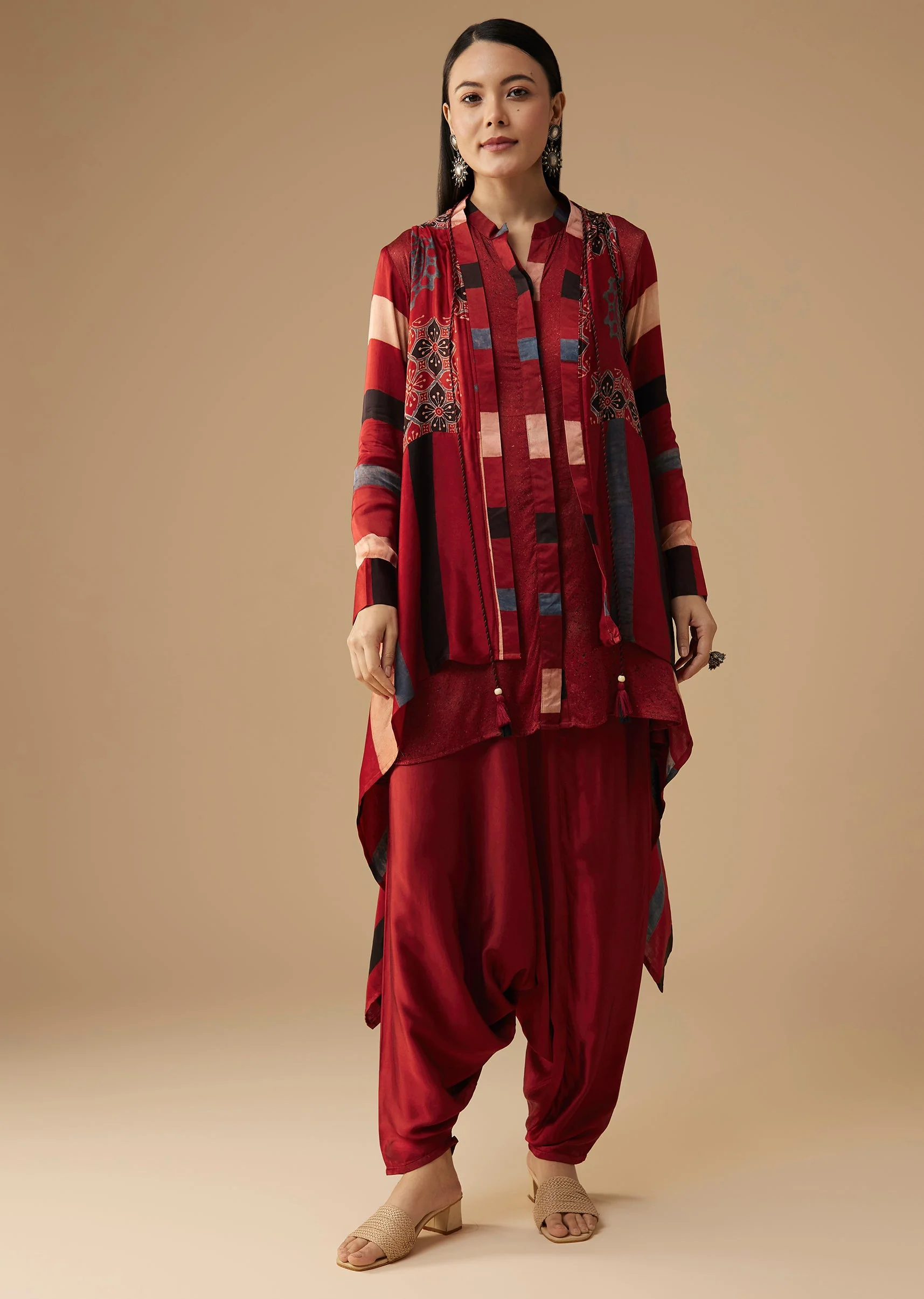 Maroon Hand Dyed Ajrakh Jacket, Shirt and Dhoti Set - Image 4