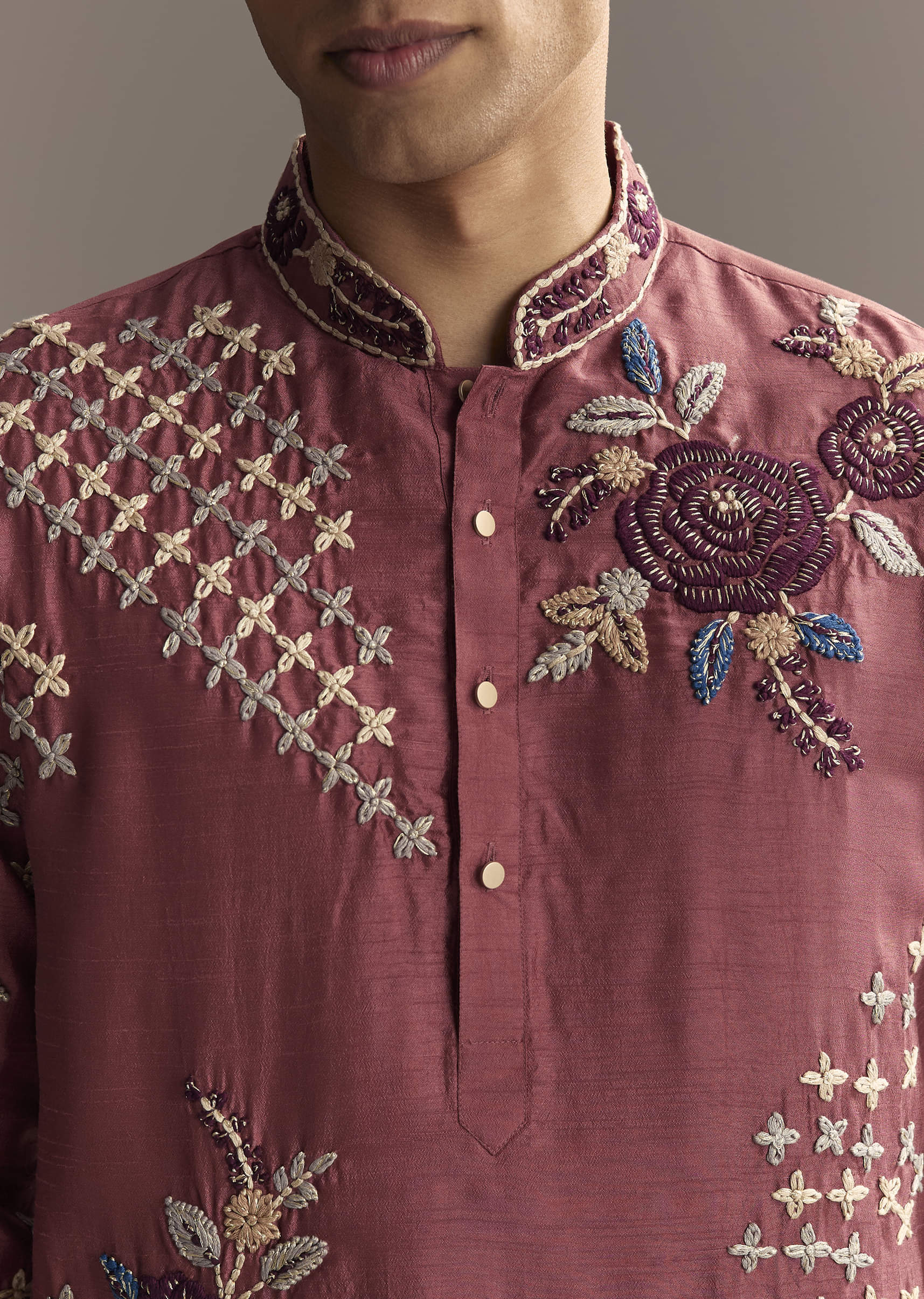 Maroon Kurta Set For Men With Floral Resham Embroidery - Image 2