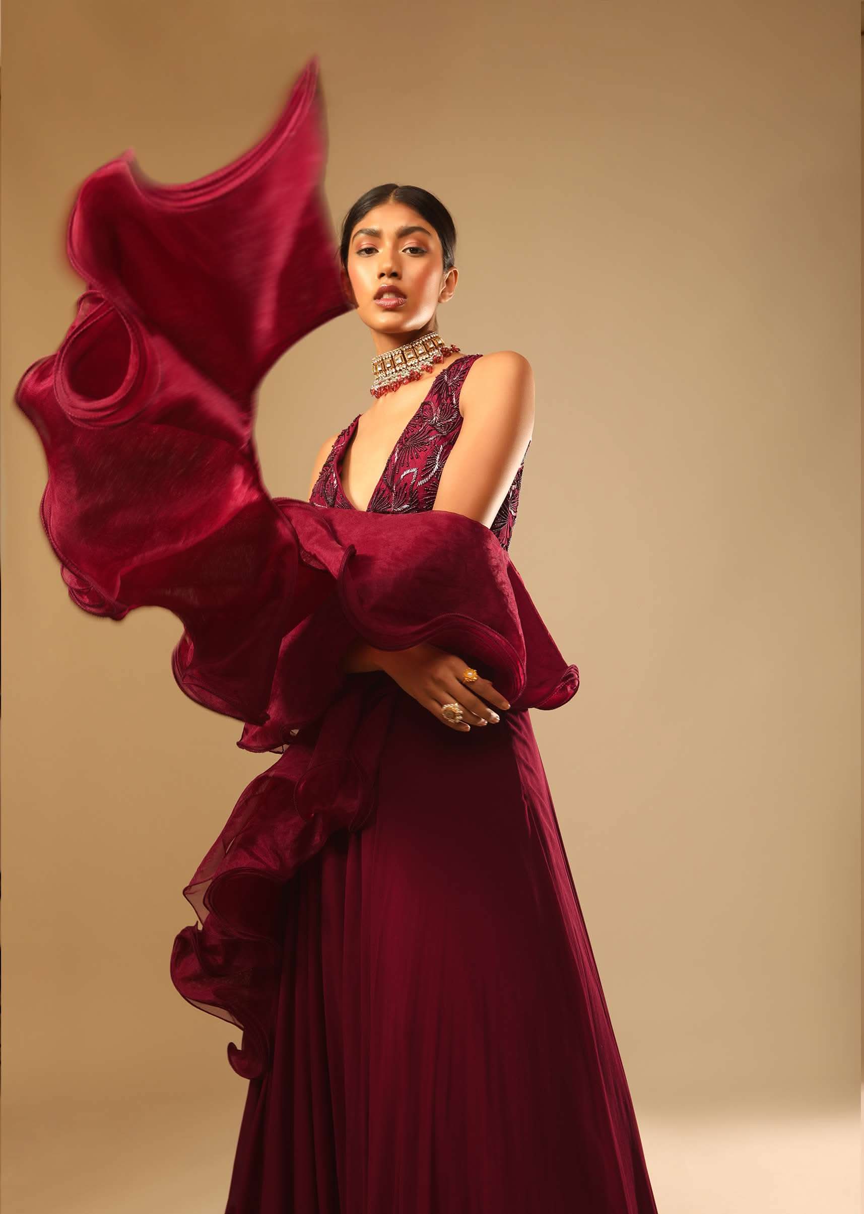 Maroon Lehenga And Crop Top With Hand Embroidered Leaf Motifs And A Ruffle Dupatta - Image 2