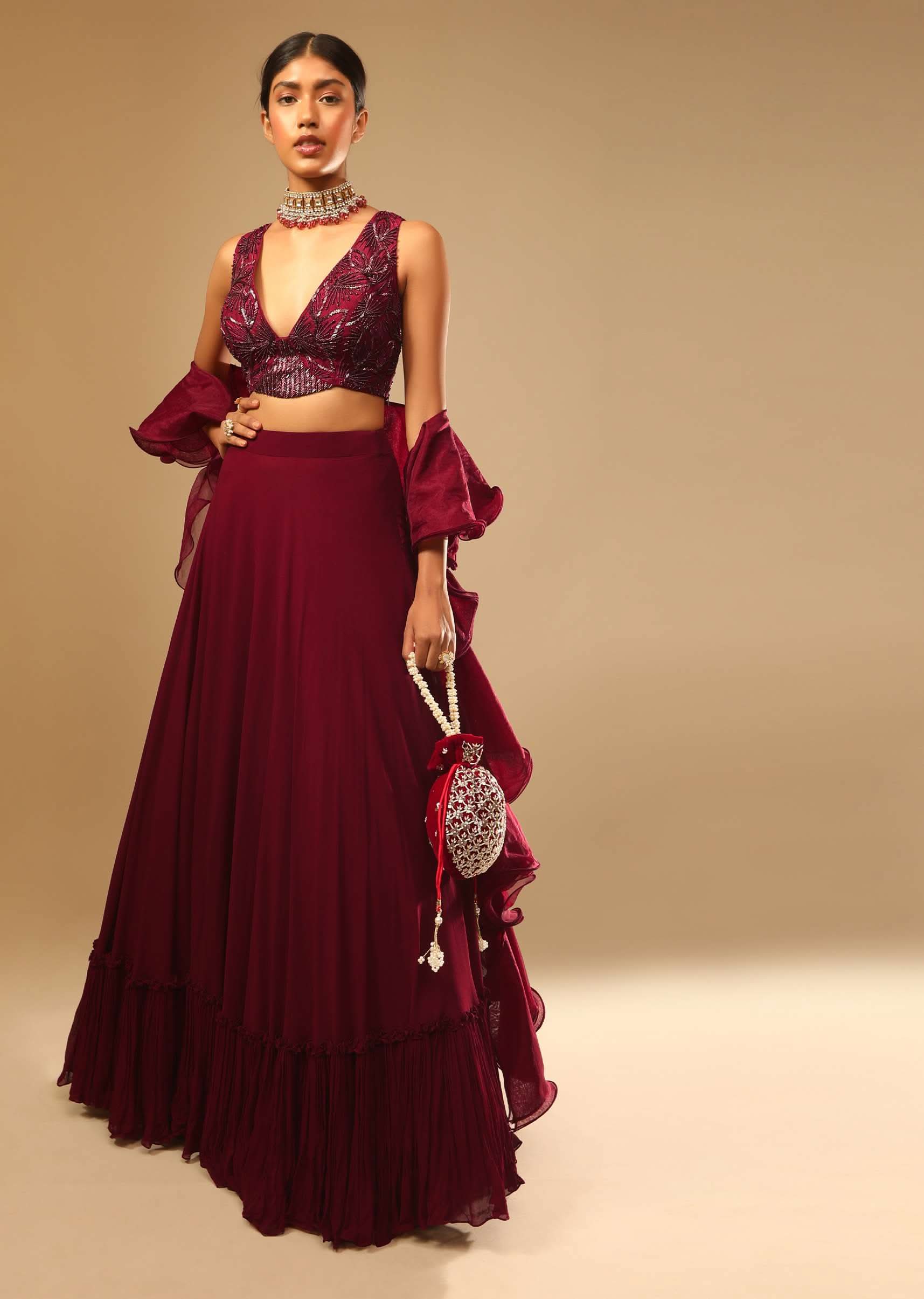 Maroon Lehenga And Crop Top With Hand Embroidered Leaf Motifs And A Ruffle Dupatta - Image 3