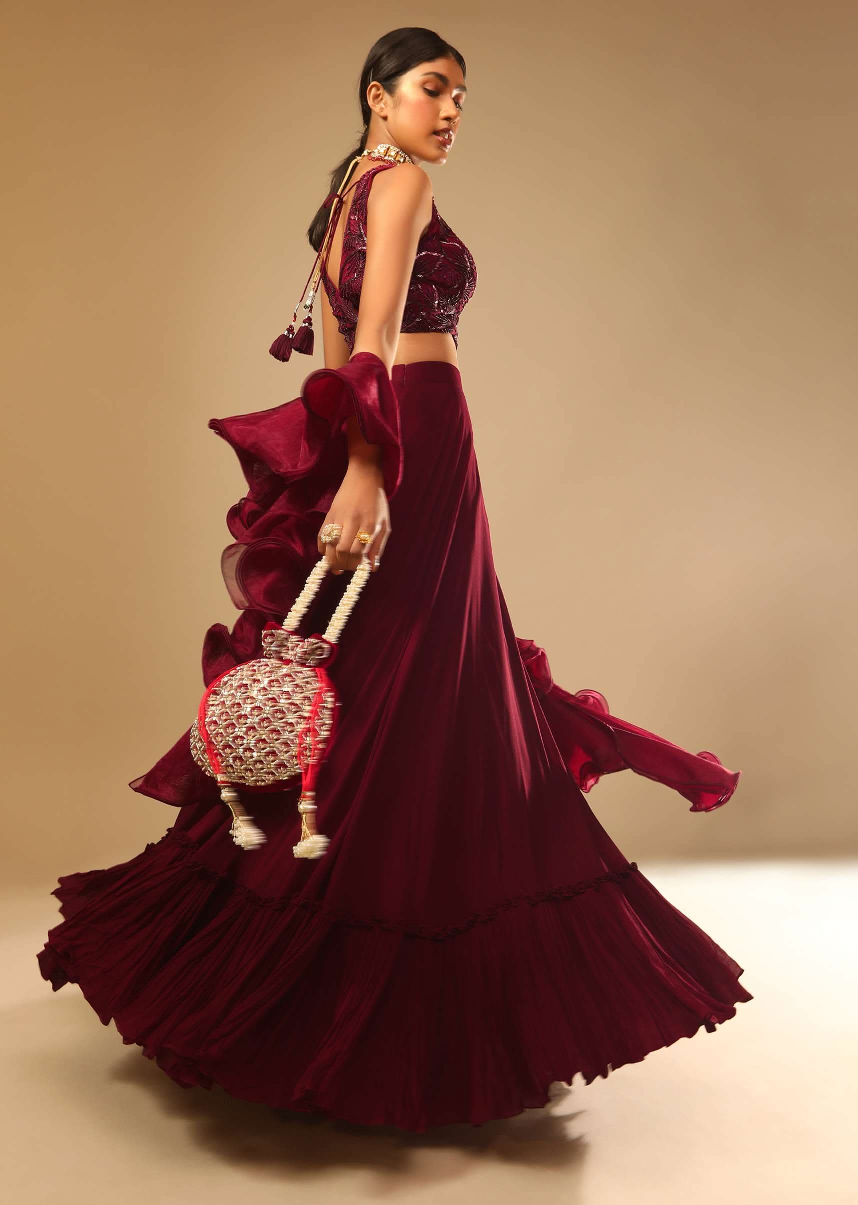 Maroon Lehenga And Crop Top With Hand Embroidered Leaf Motifs And A Ruffle Dupatta - Image 6