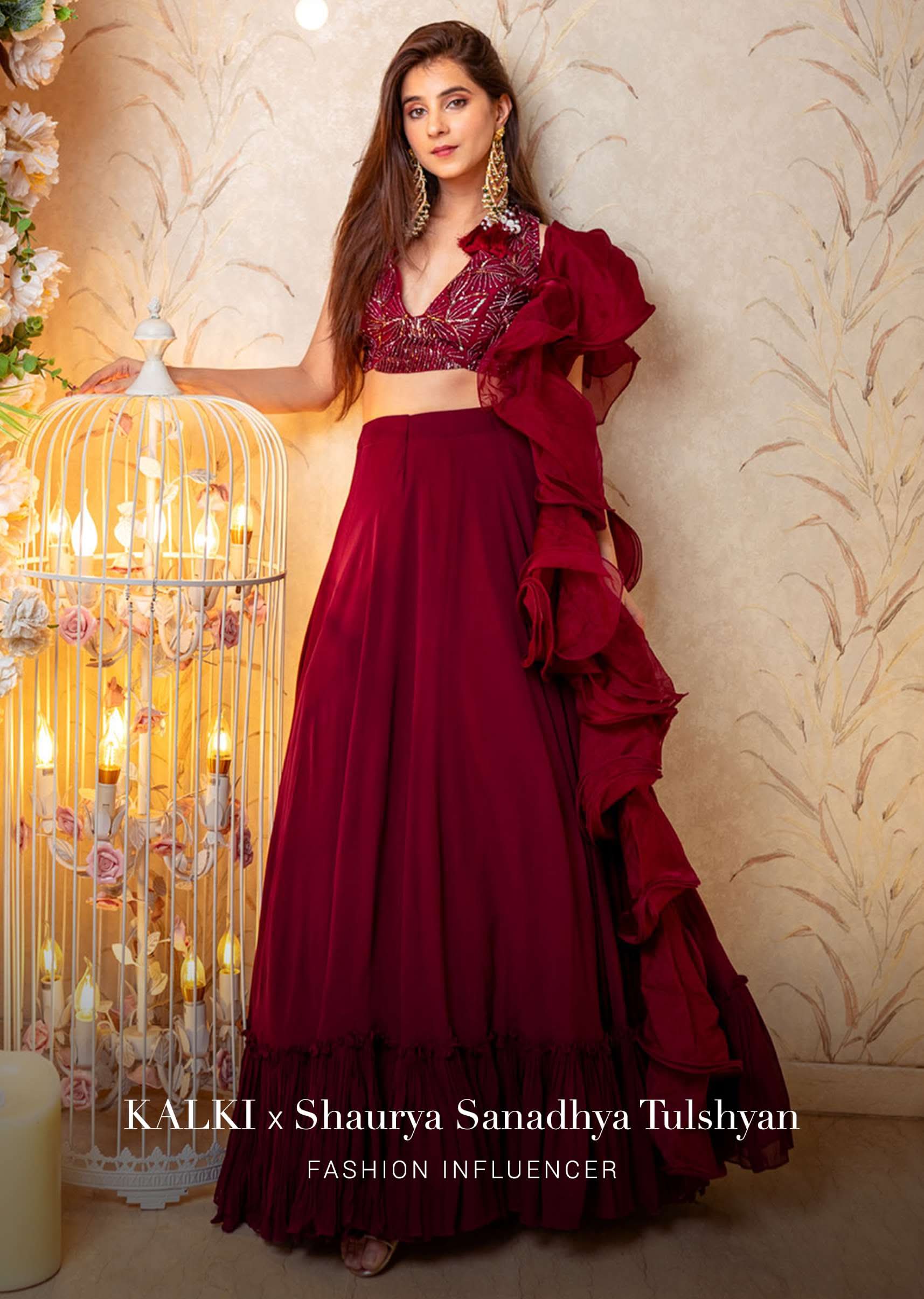 Maroon Lehenga And Crop Top With Hand Embroidered Leaf Motifs And A Ruffle Dupatta - Image 7