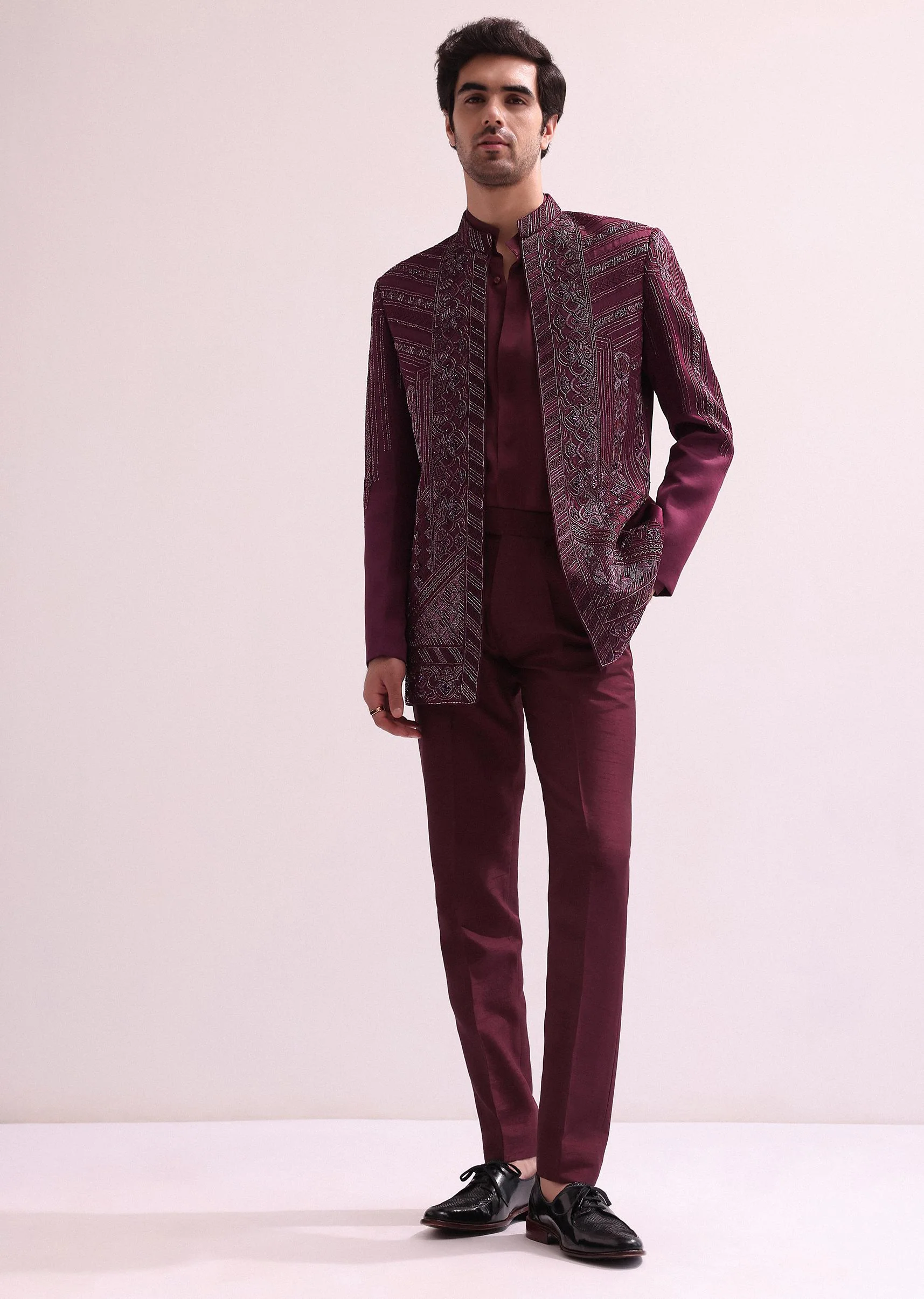 Maroon Linen Satin Hand Embroidered Open Bandhgala With Shirt And Pant - Image 2