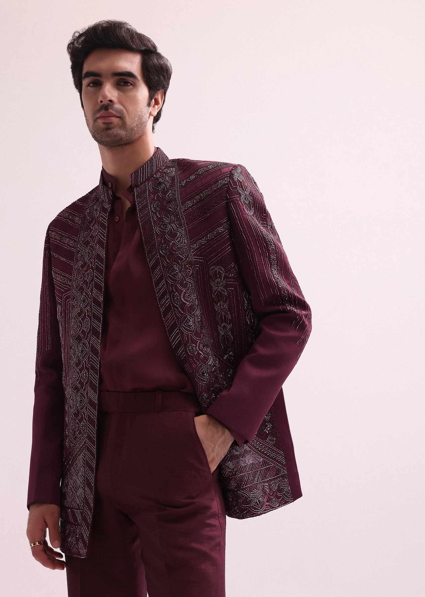 Maroon Linen Satin Hand Embroidered Open Bandhgala With Shirt And Pant - Image 3