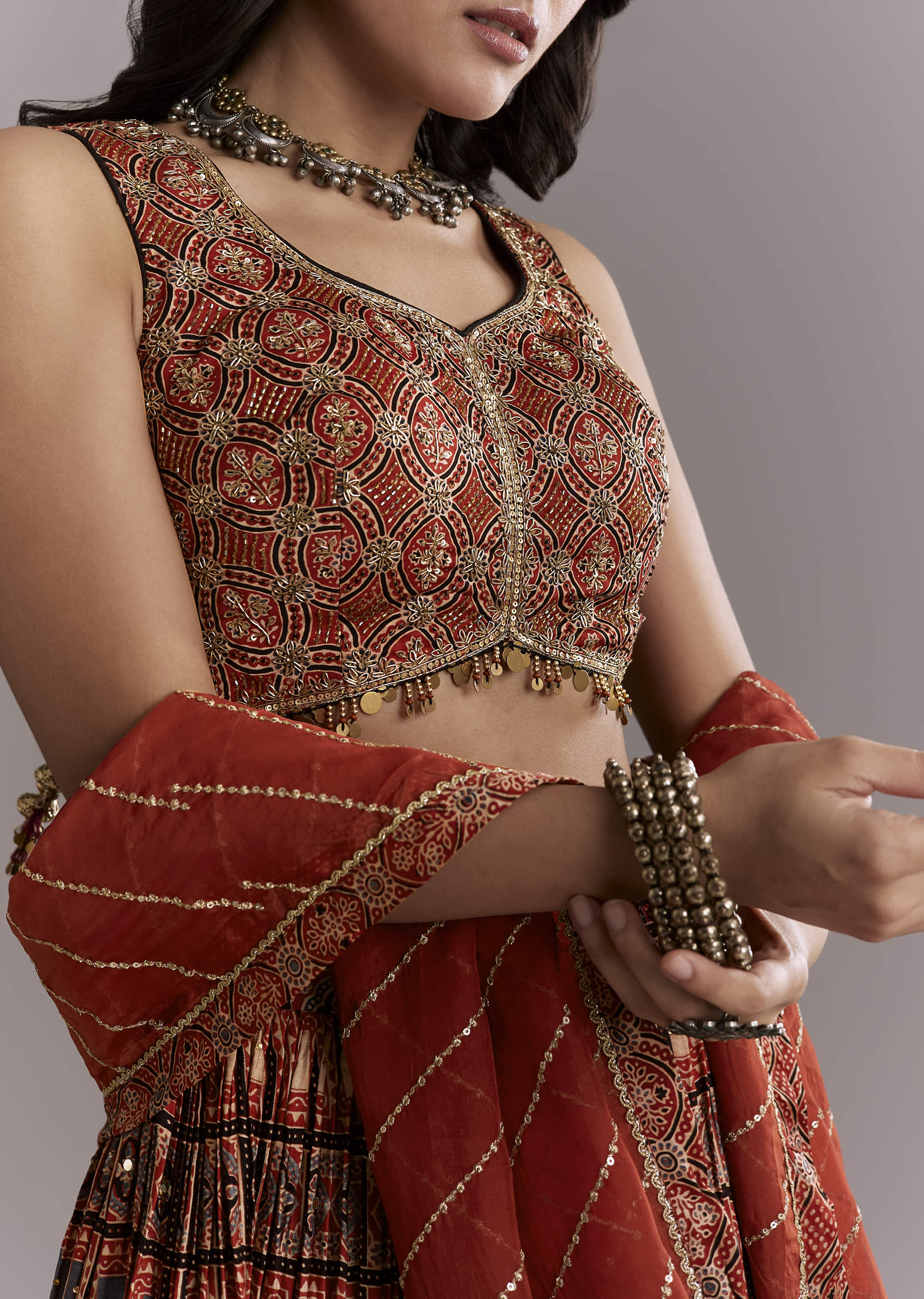 Maroon Modal Bridesmaid Lehenga With Hand Dyed Ajrakh Print - Image 3