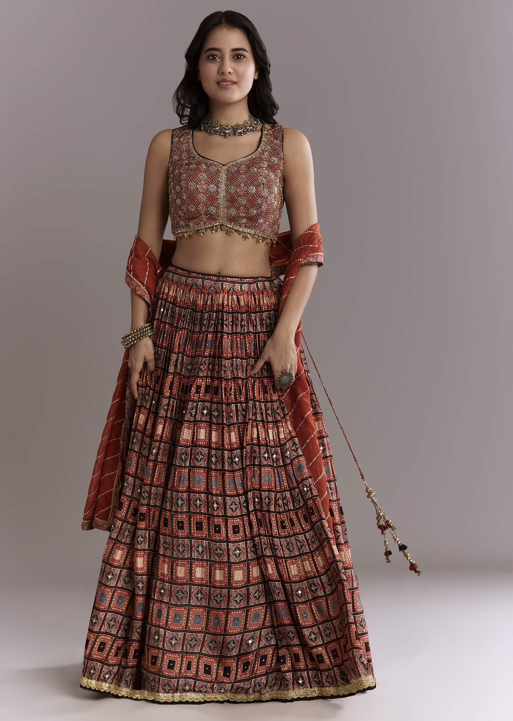 Maroon Modal Bridesmaid Lehenga With Hand Dyed Ajrakh Print - Image 4