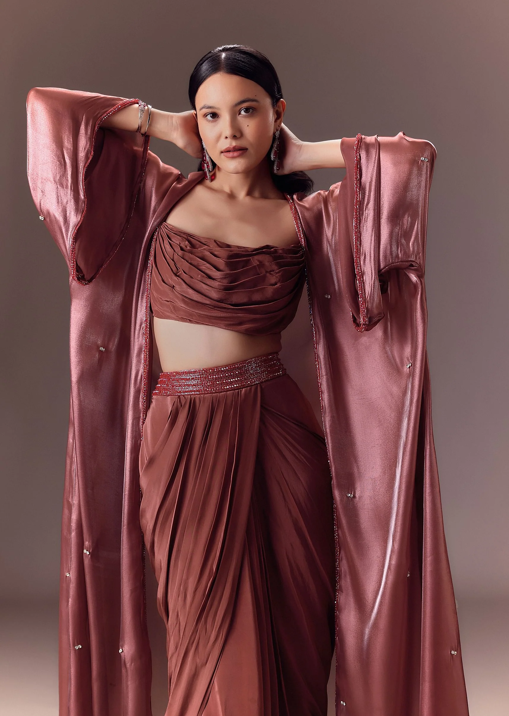 Maroon Organza Cowl Blouse With Jacket And Draped Skirt - Image 4