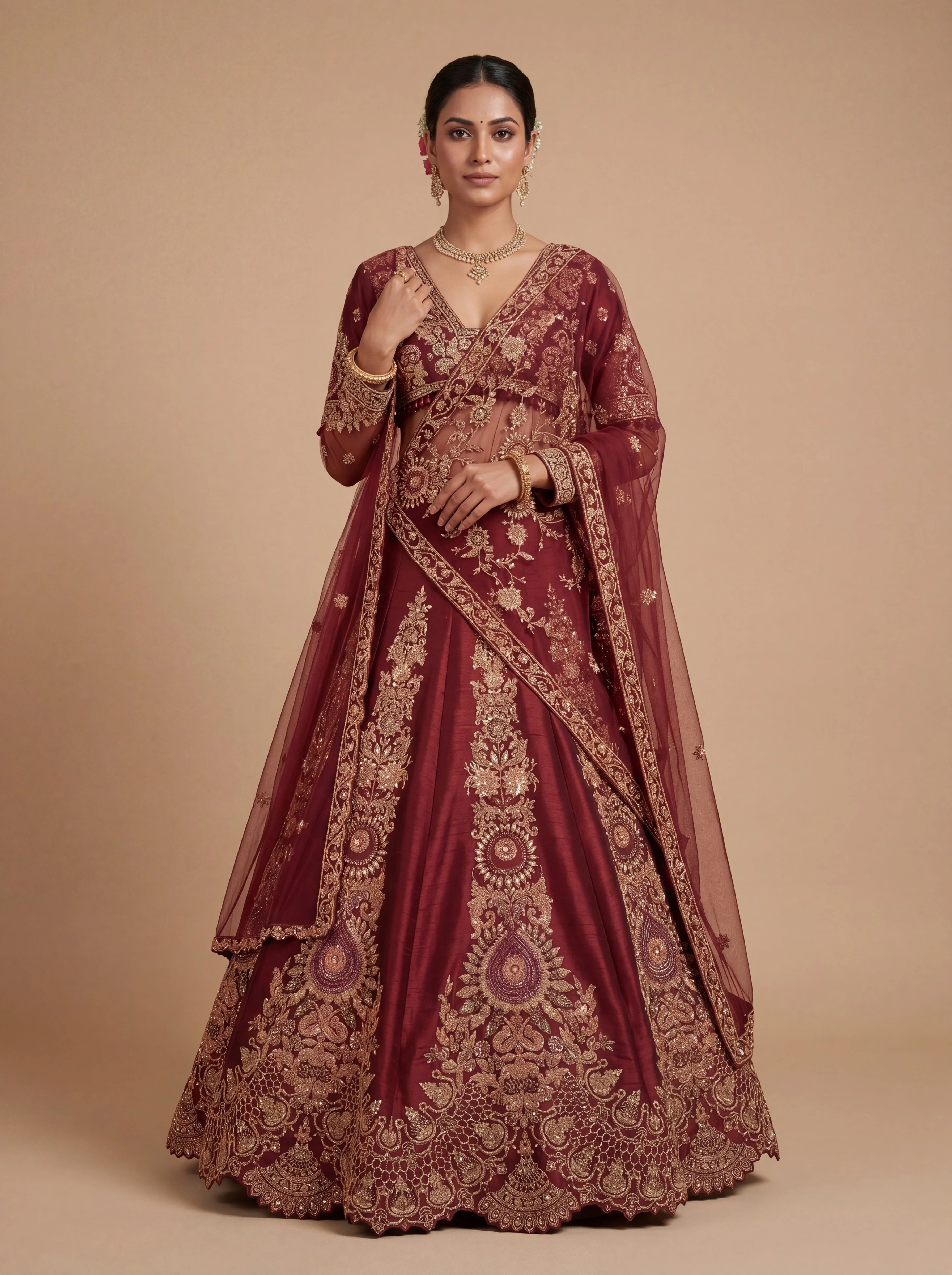 Maroon Pheras Bridal Lehenga With Heavy Embroidery  Classic Flare
