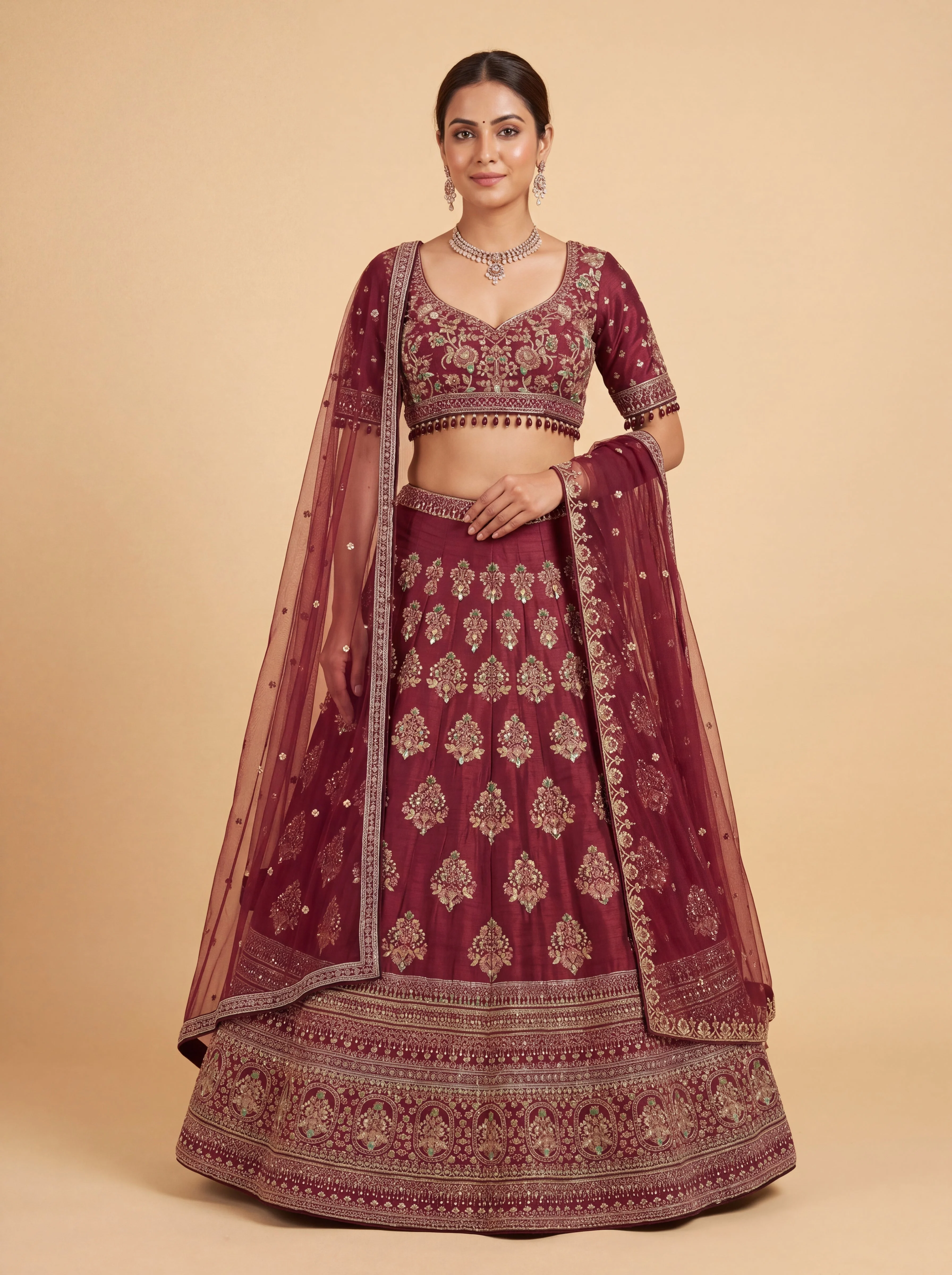 Maroon Pheras Bridal Lehenga With Rich Embroidery  Pink Dupatta