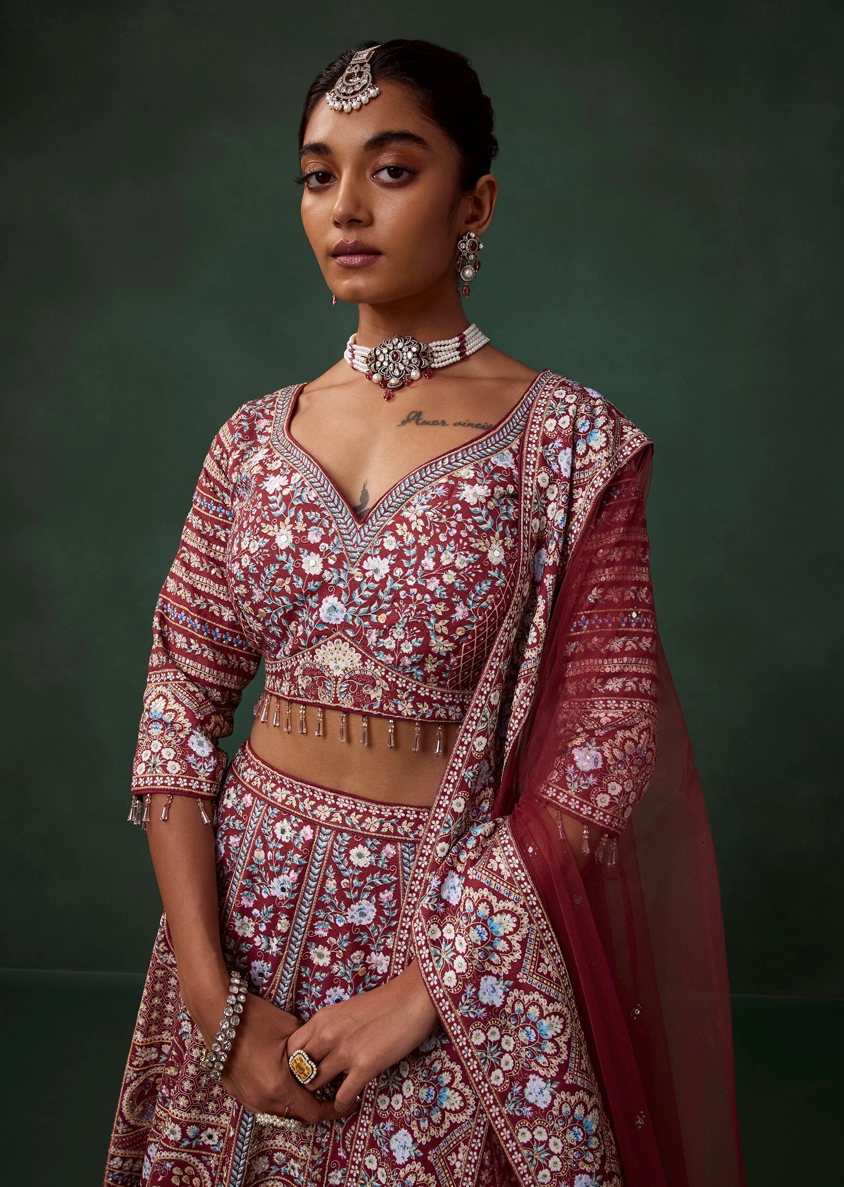 Maroon Printed and Embroidered Kali Bridal Georgette Lehenga Set - Image 3