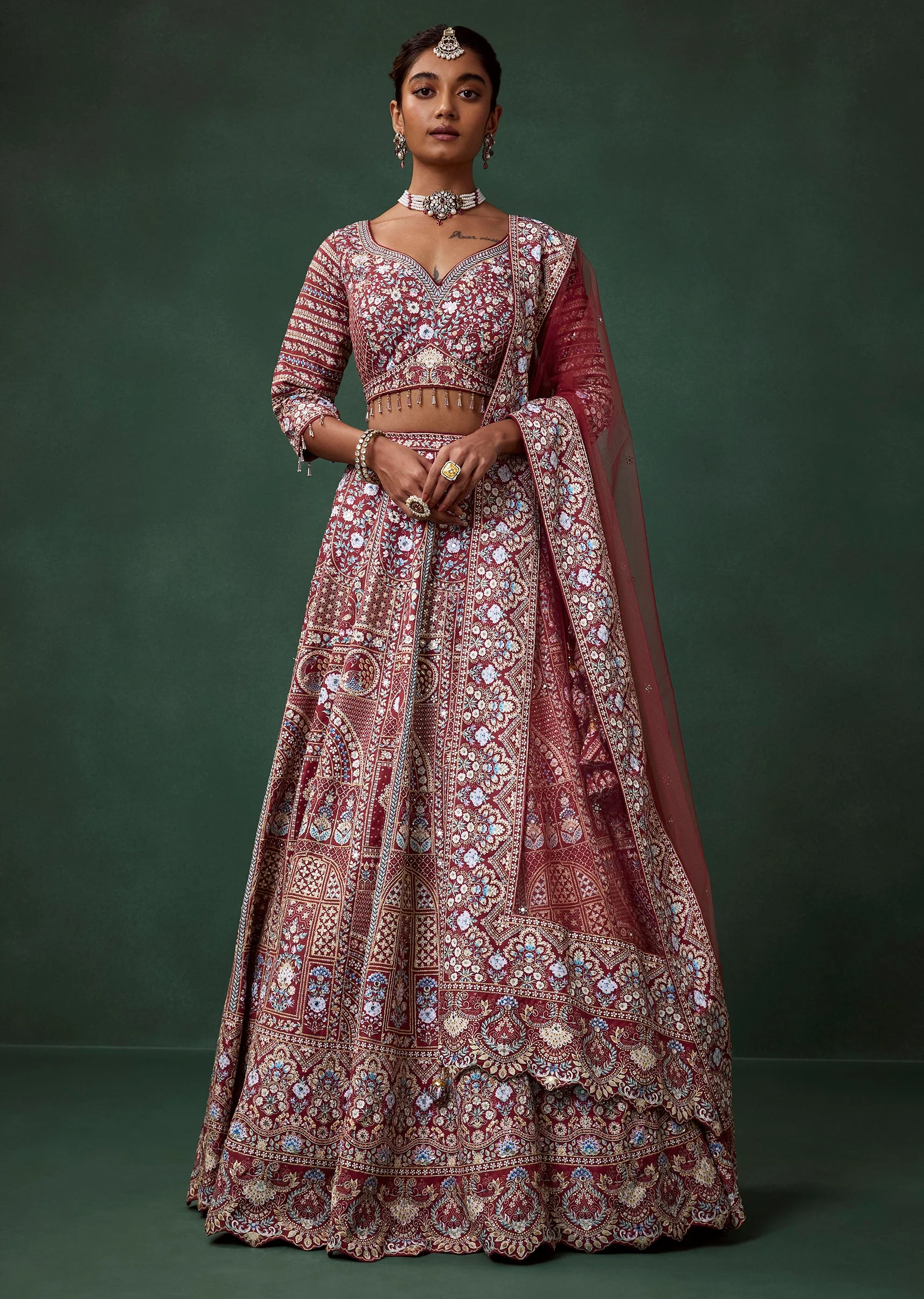 Maroon Printed and Embroidered Kali Bridal Georgette Lehenga Set - Image 4