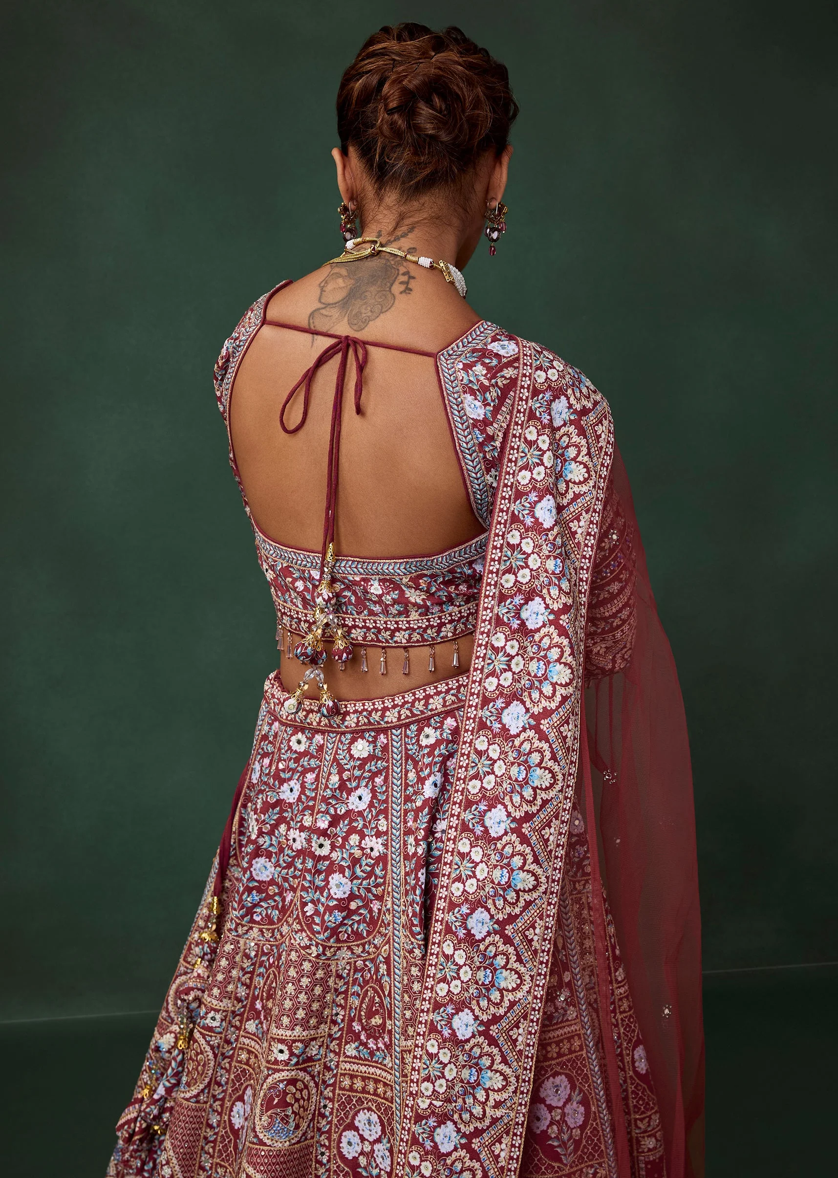 Maroon Printed and Embroidered Kali Bridal Georgette Lehenga Set - Image 6