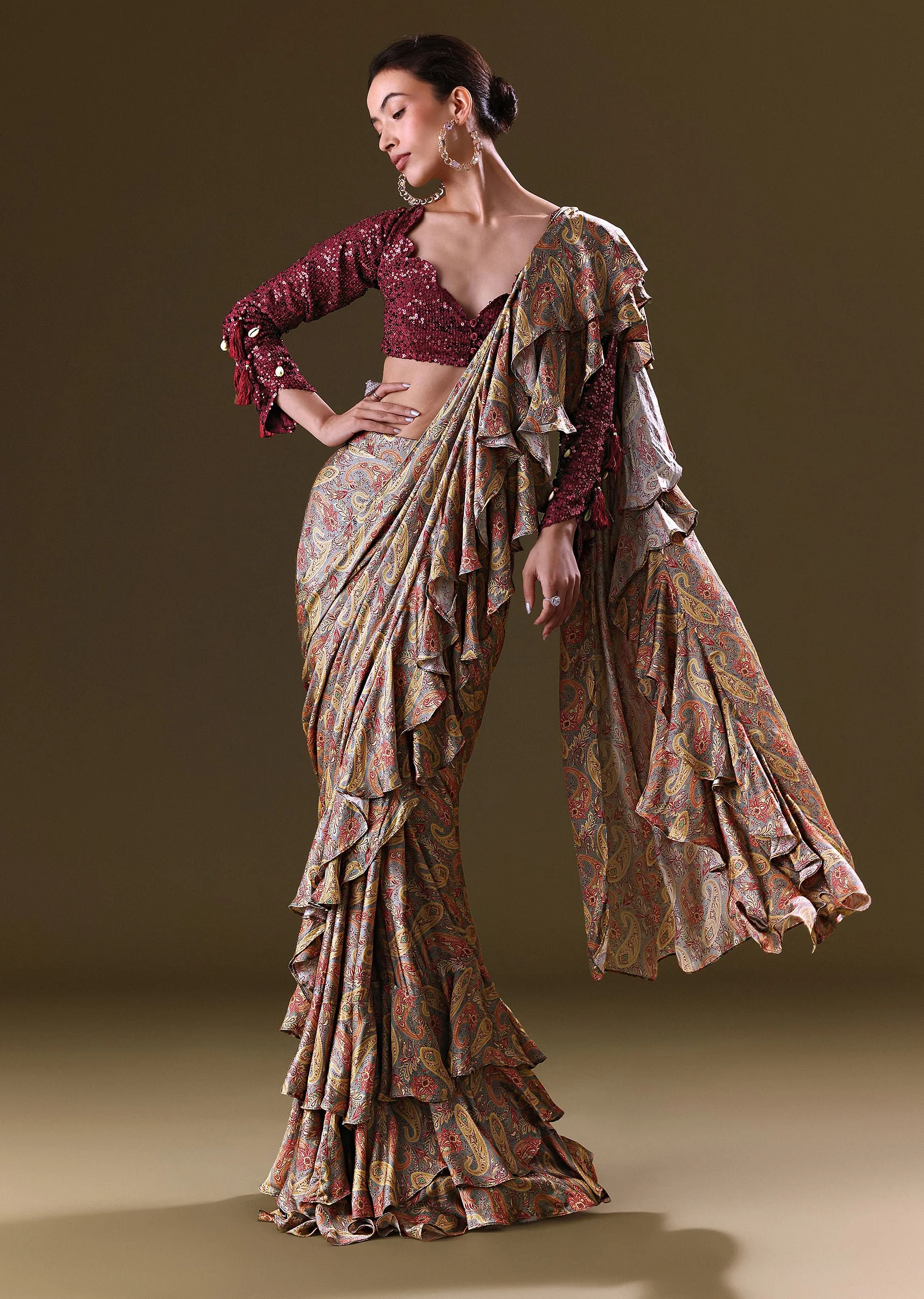 Maroon Printed Pre Stitched Frill Saree With Sequence Blouse - Image 3