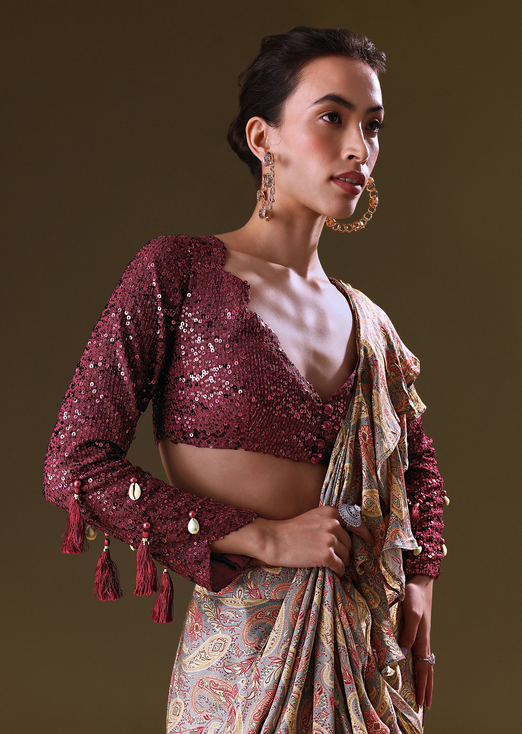 Maroon Printed Pre Stitched Frill Saree With Sequence Blouse - Image 4