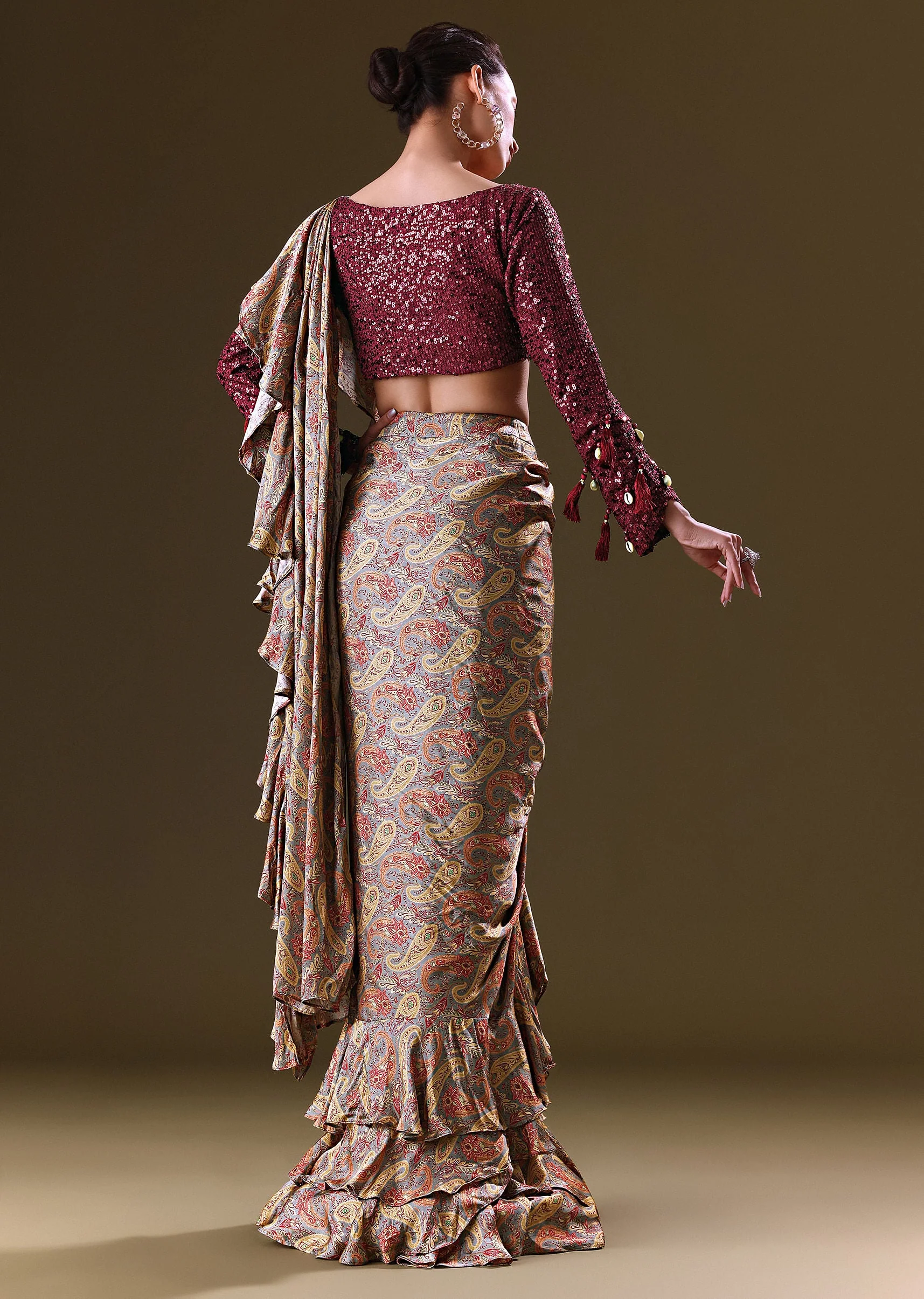 Maroon Printed Pre Stitched Frill Saree With Sequence Blouse - Image 5