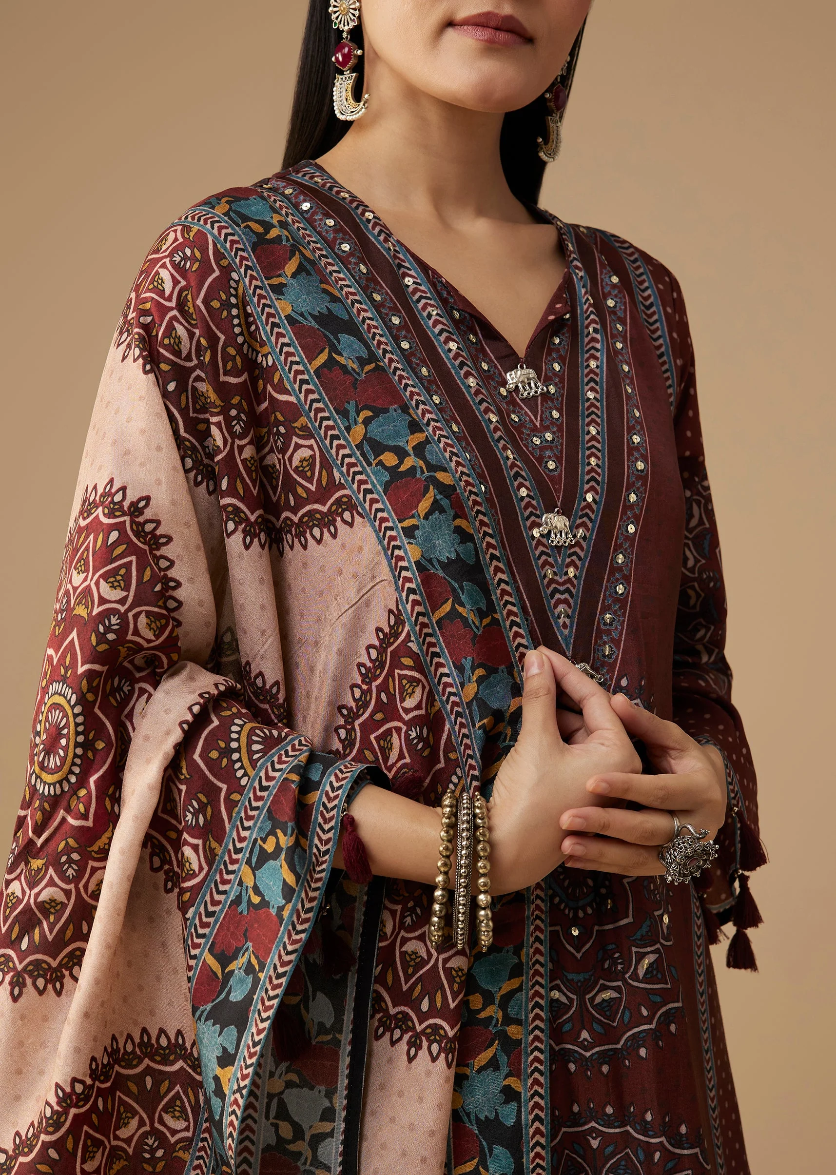 Maroon Printed Silk Kurta Pant Set - Image 2