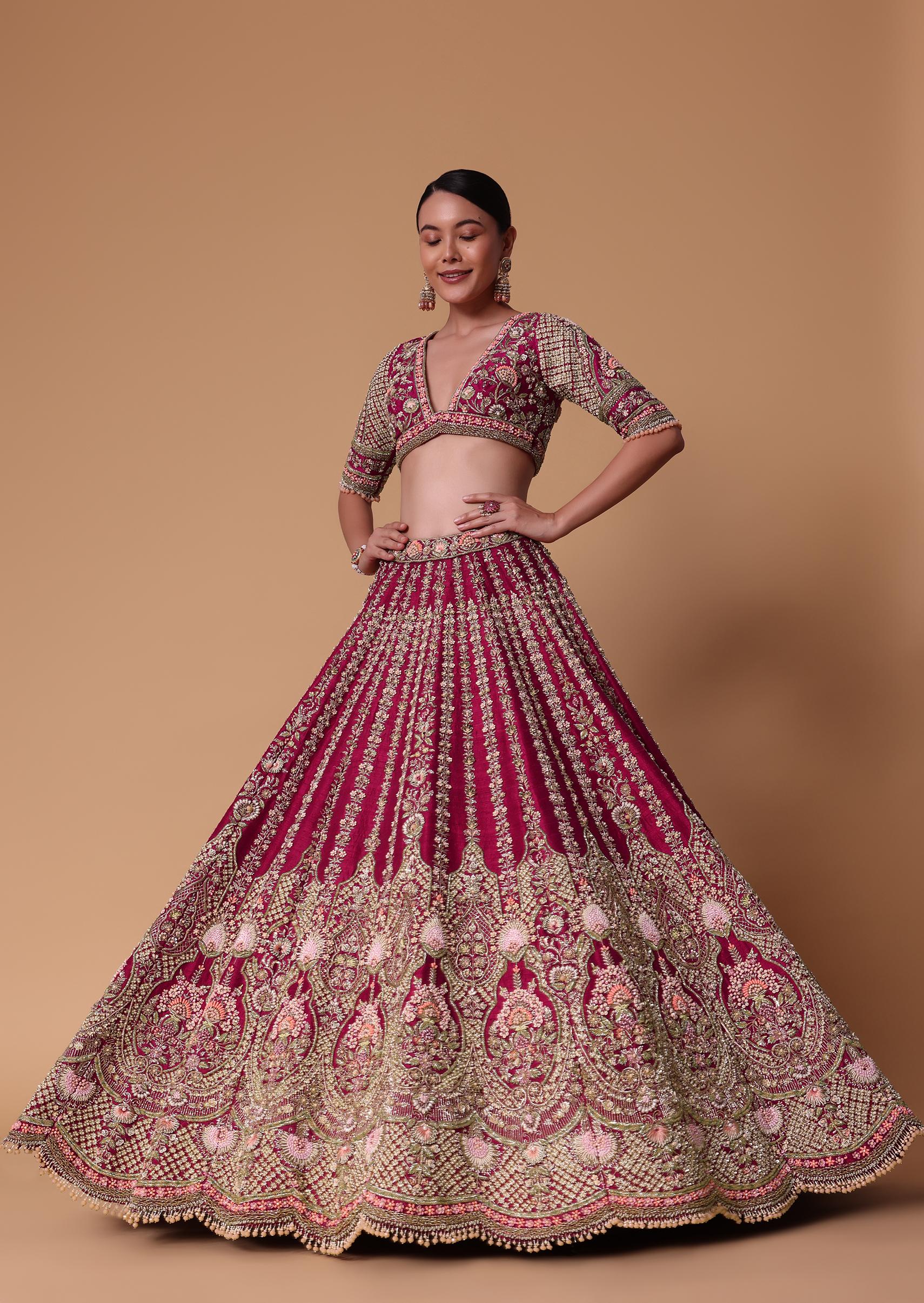 Maroon Raw Silk 16 Kali Zardozi Lehenga Set With Two Dupattas - Image 2