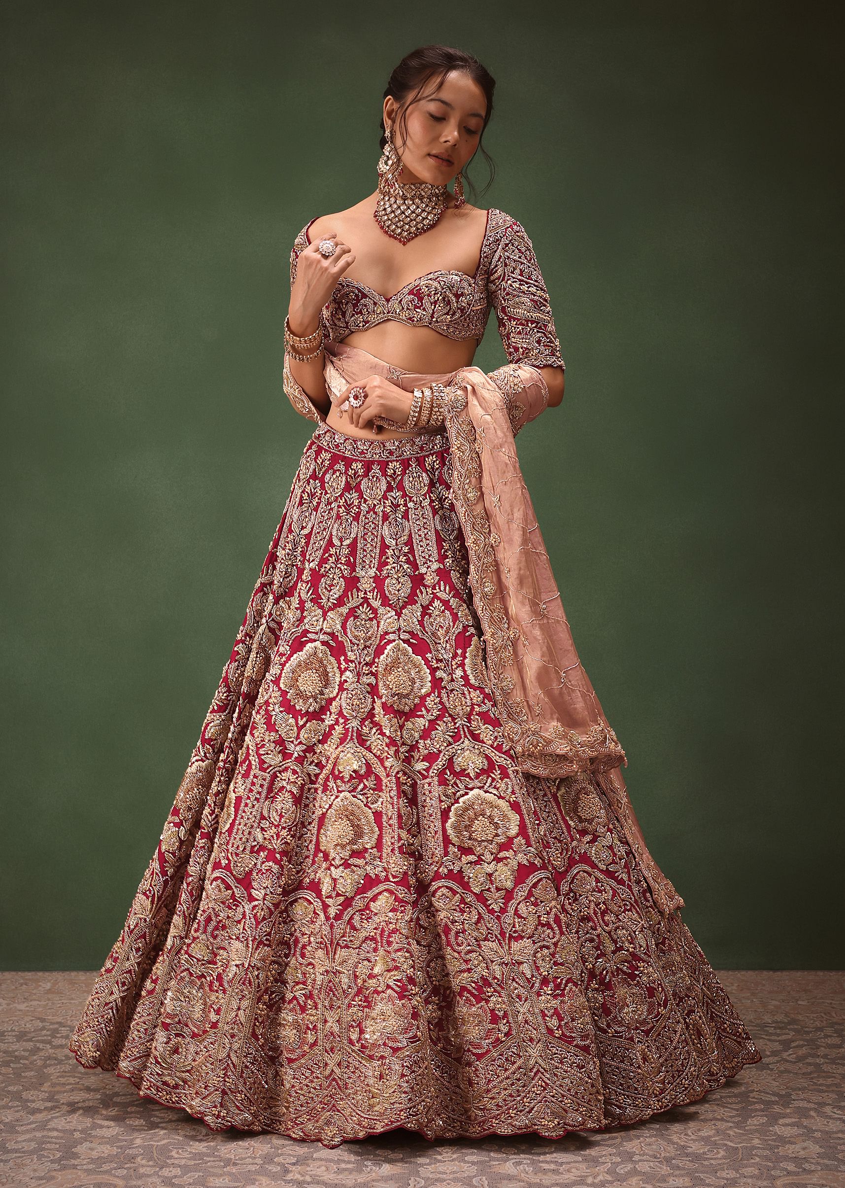 Maroon Raw Silk Hand Embroidered Bridal Lehenga With Two Dupattas - Image 3