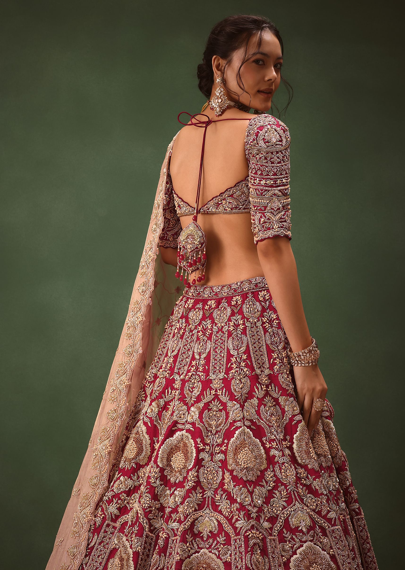 Maroon Raw Silk Hand Embroidered Bridal Lehenga With Two Dupattas - Image 4