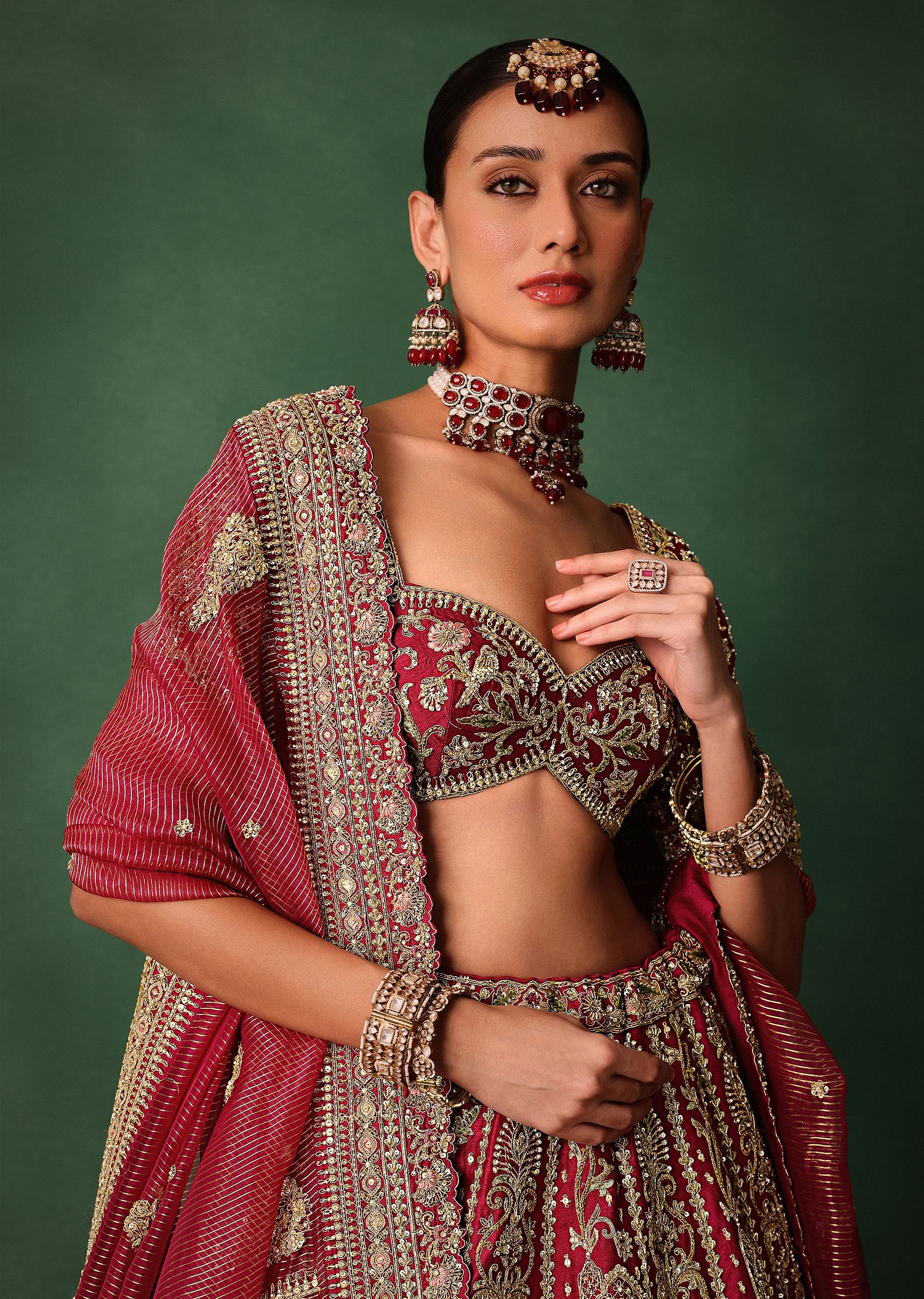 Maroon Raw Silk Hand Embroidered Lehenga Set With Tissue Dupatta - Image 2
