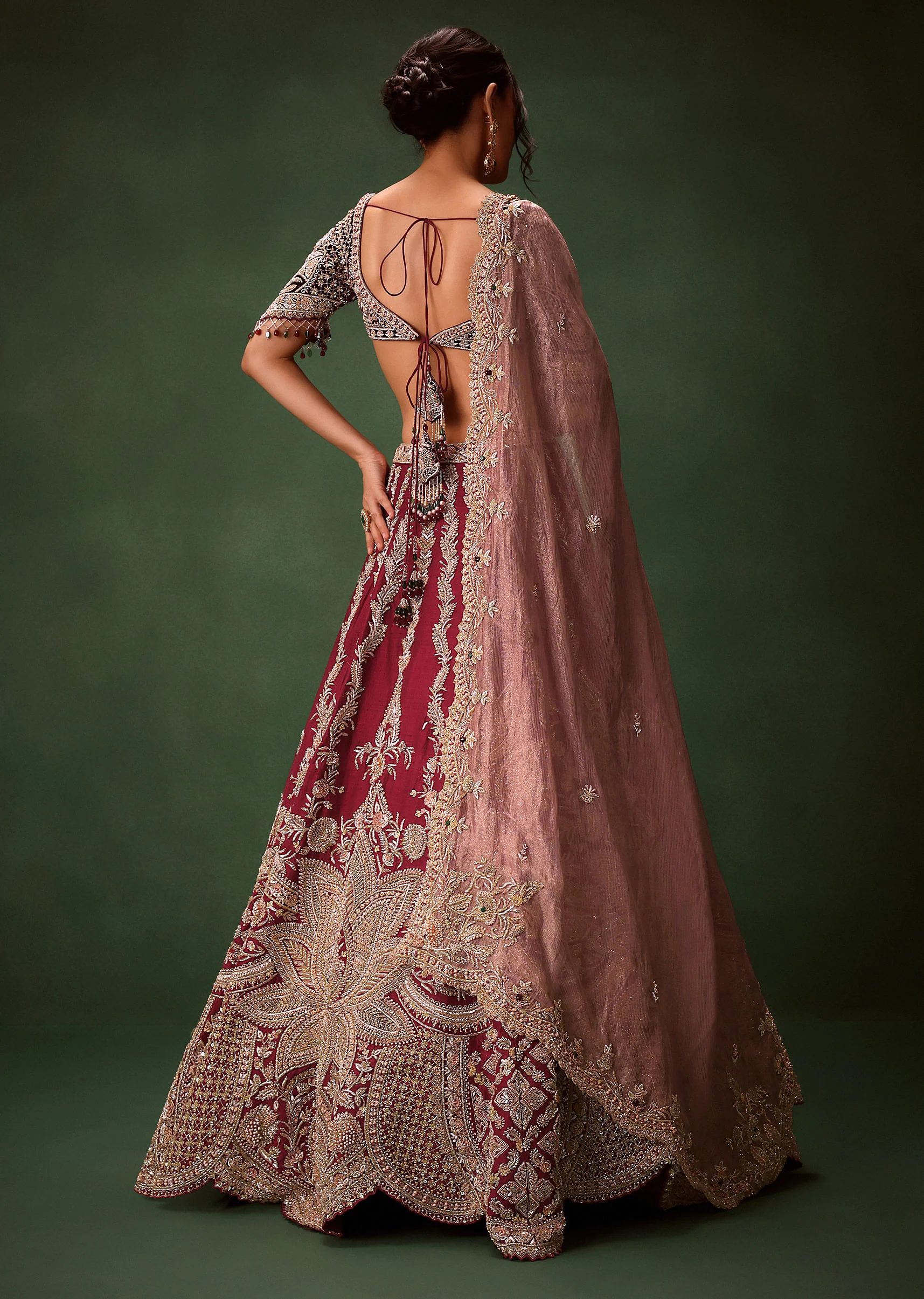 Maroon Raw Silk Lotus Embroidered Kali Lehenga Dupatta Set - Image 6