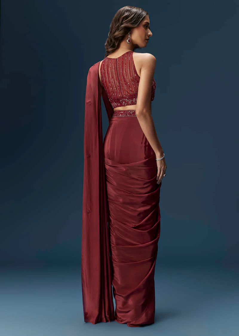 Maroon Ready Pleated Saree With High Neck Blouse - Image 2