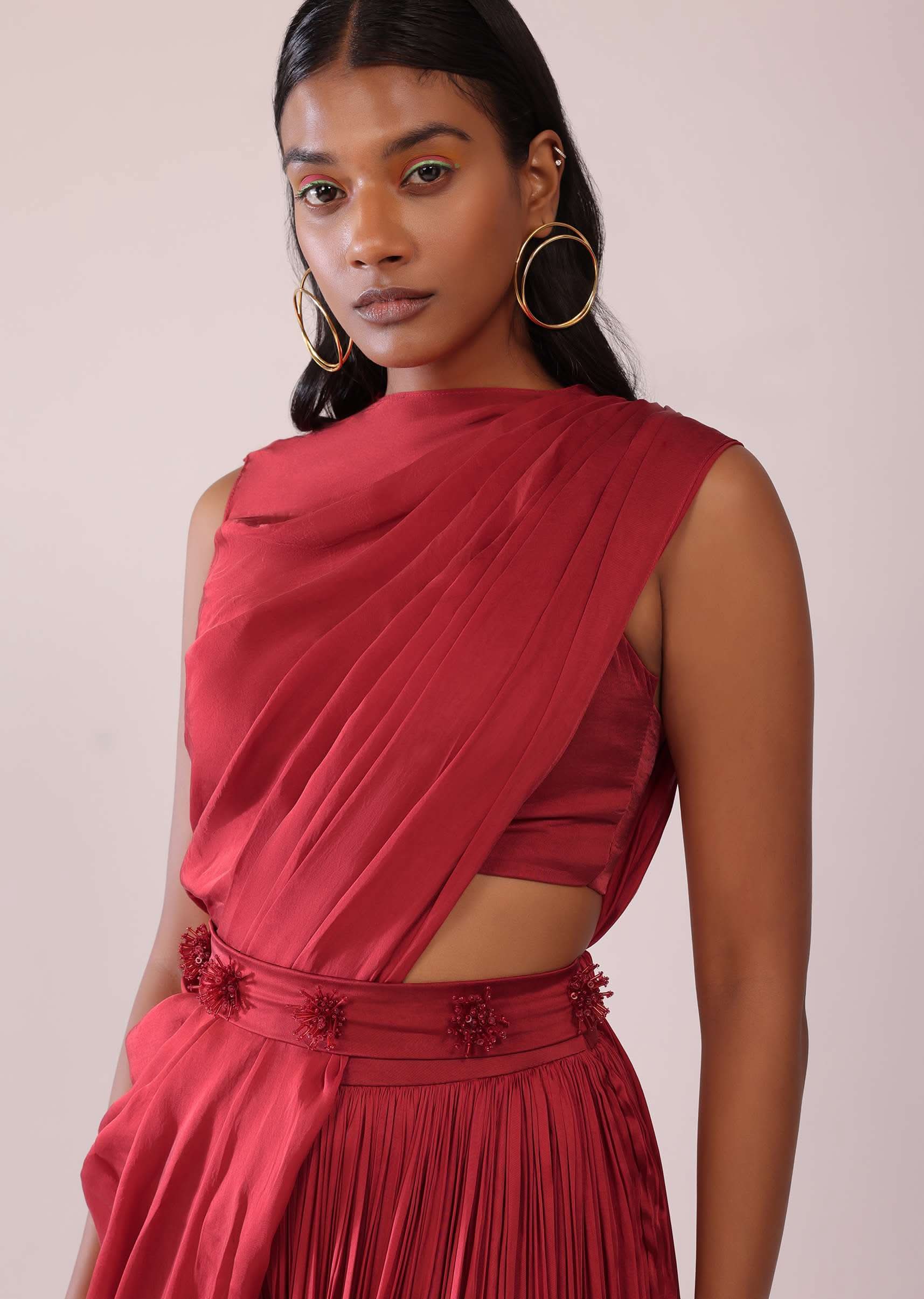 Maroon Red Satin Rushing Palazzo And Bustier Set With Draped Cape - Image 2