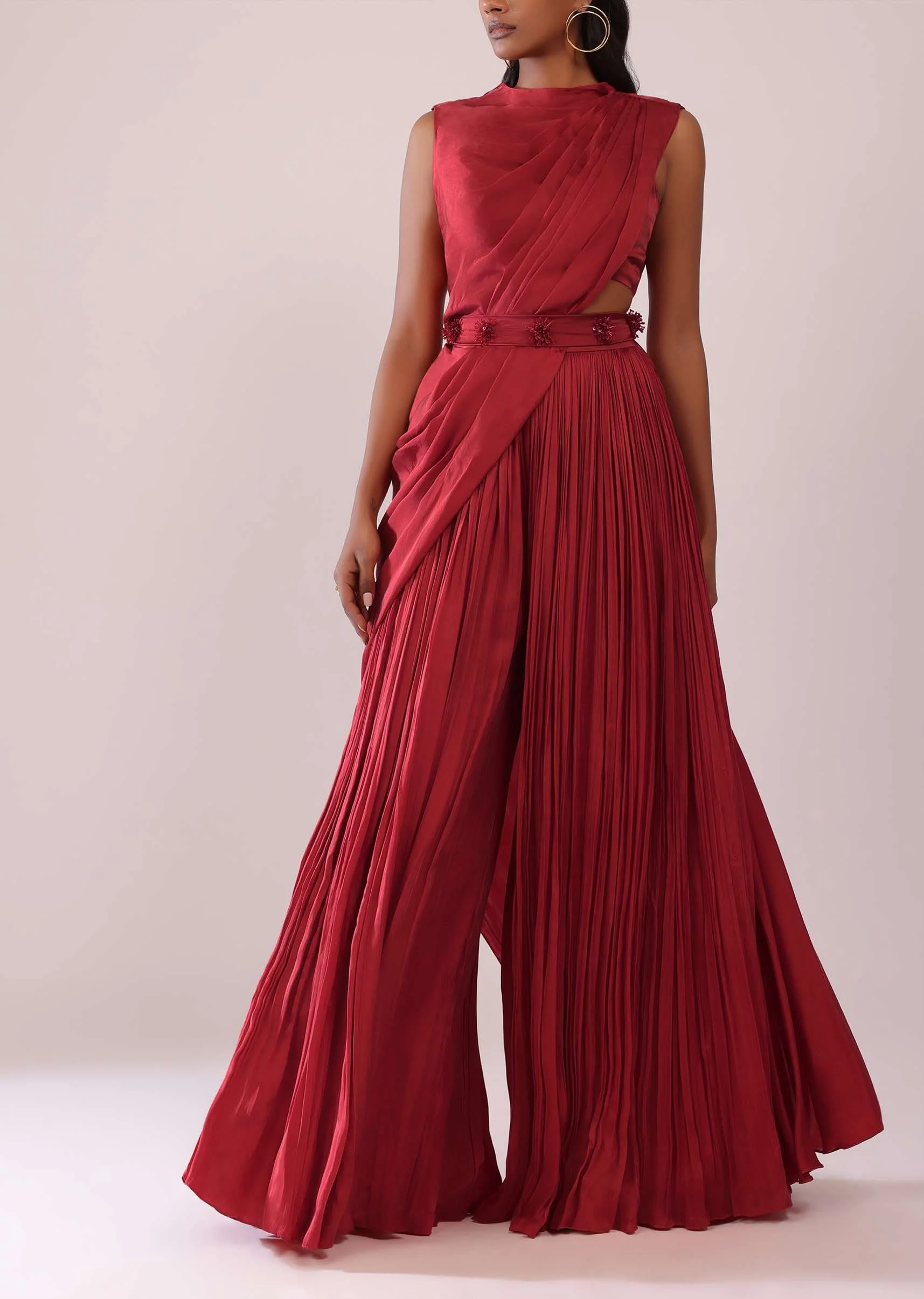 Maroon Red Satin Rushing Palazzo And Bustier Set With Draped Cape - Image 3