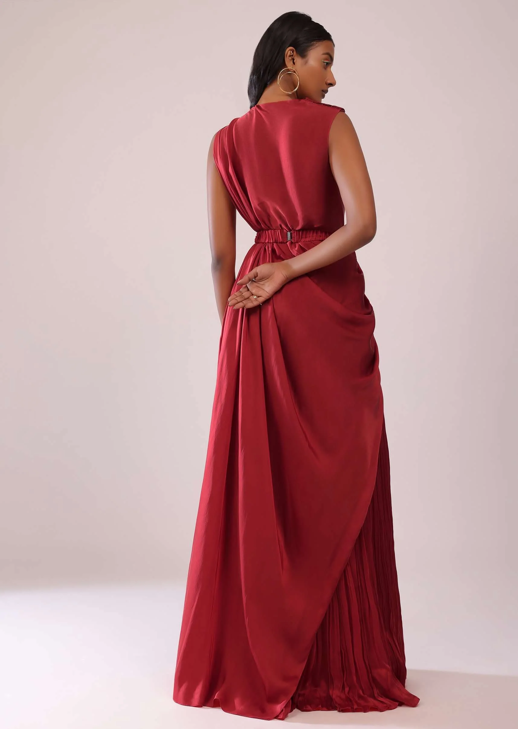 Maroon Red Satin Rushing Palazzo And Bustier Set With Draped Cape - Image 5