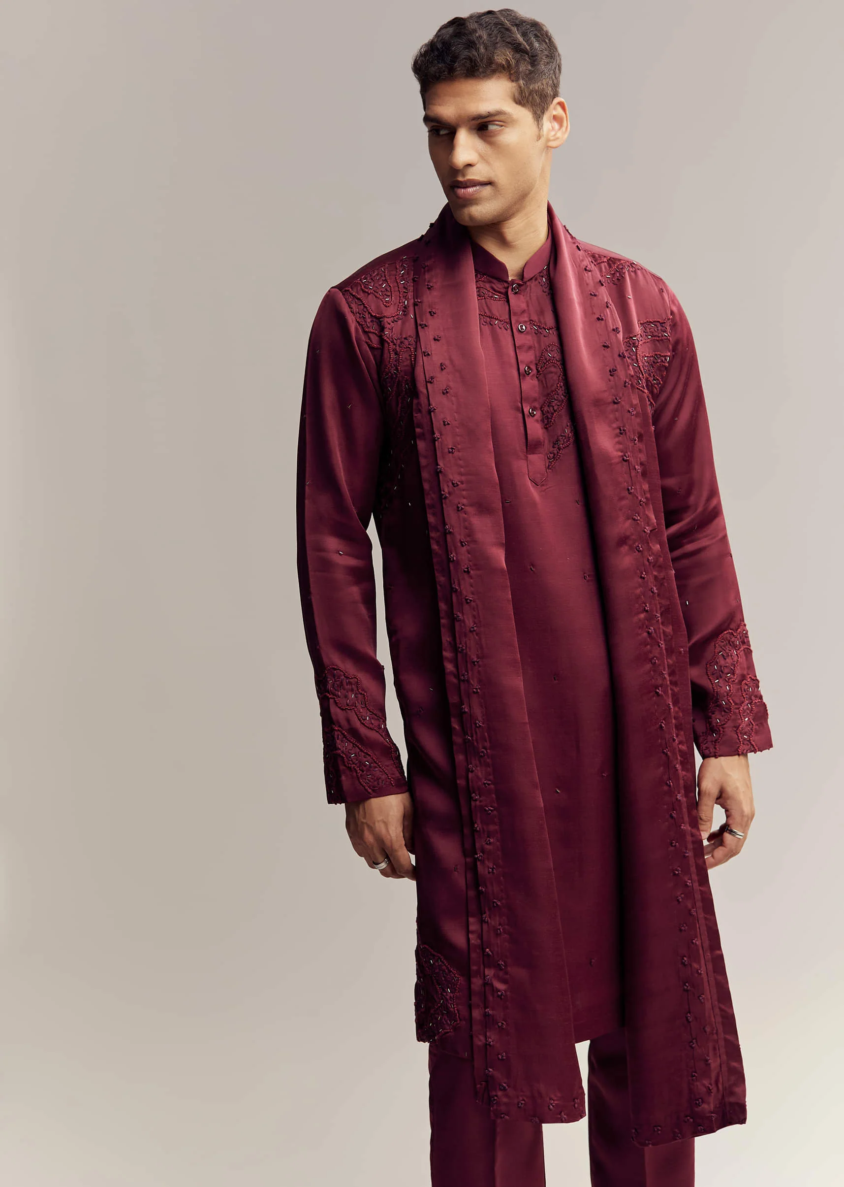 Maroon Red Silk Hand Embroidered Kurta Set For Men - Image 2