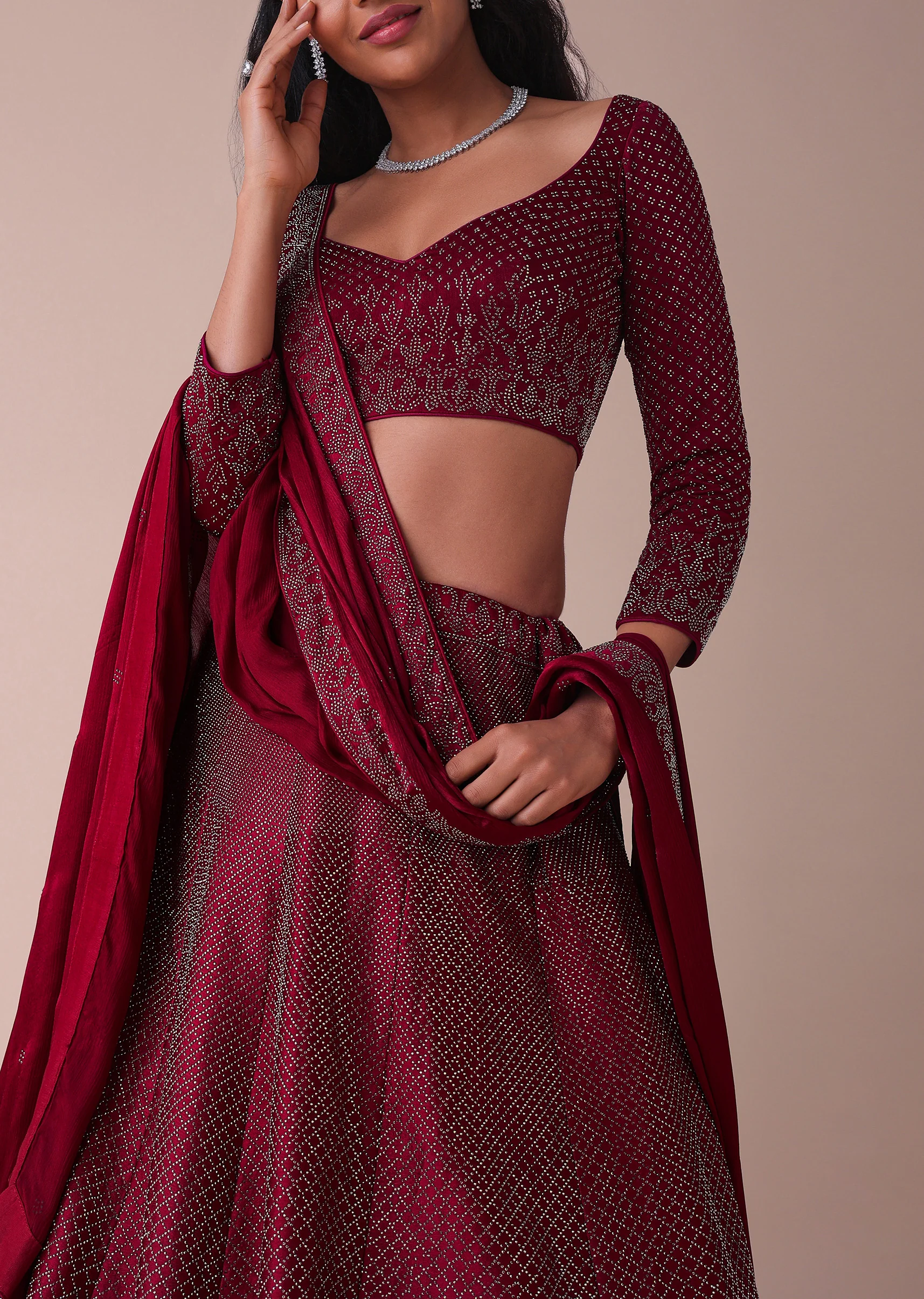 Maroon Red Wrinkle Satin Lehenga With Swarovski Crystals - Image 3