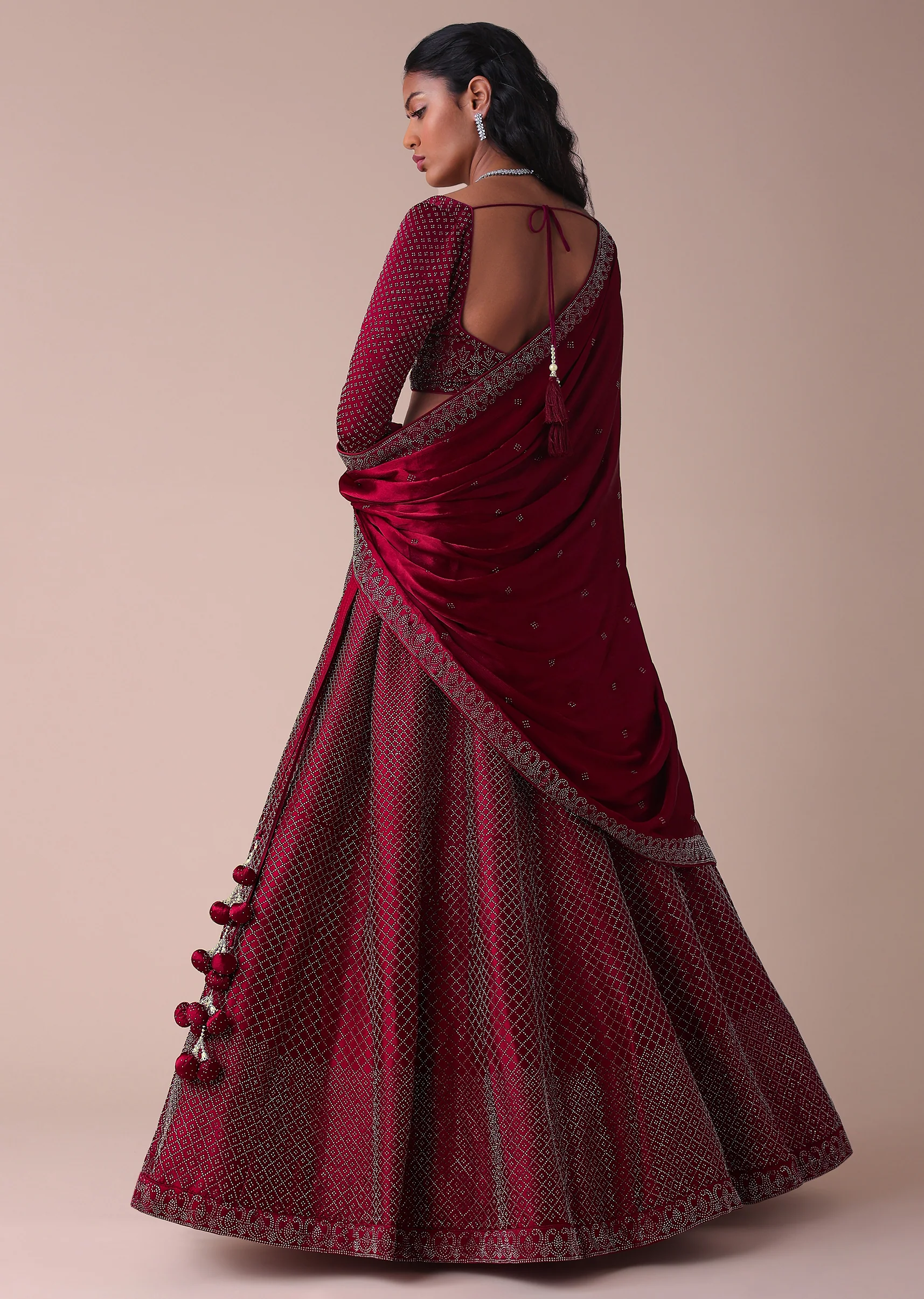Maroon Red Wrinkle Satin Lehenga With Swarovski Crystals - Image 5