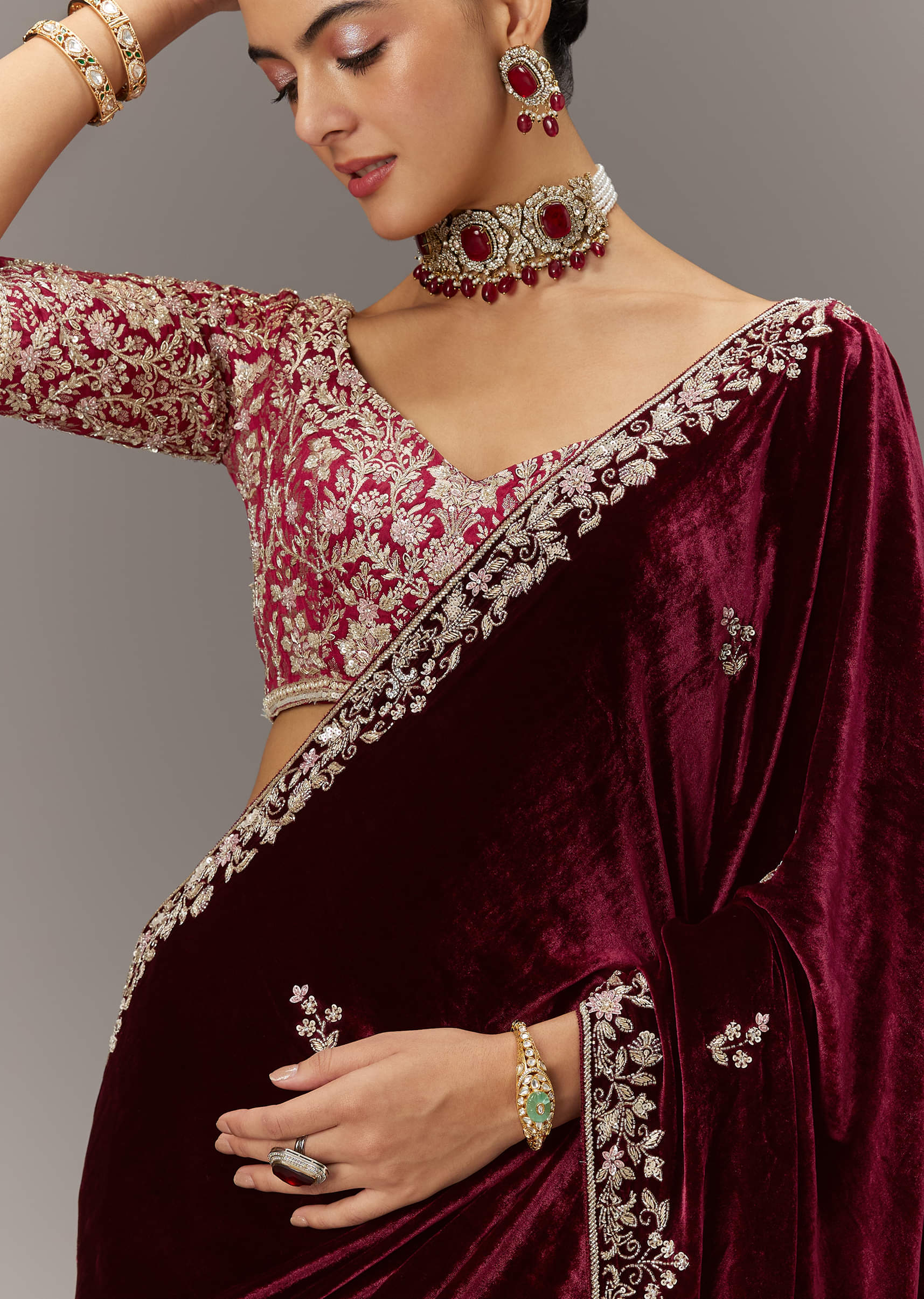 Maroon Saree In Velvet With Brocade Embroidered Blouse - Image 3