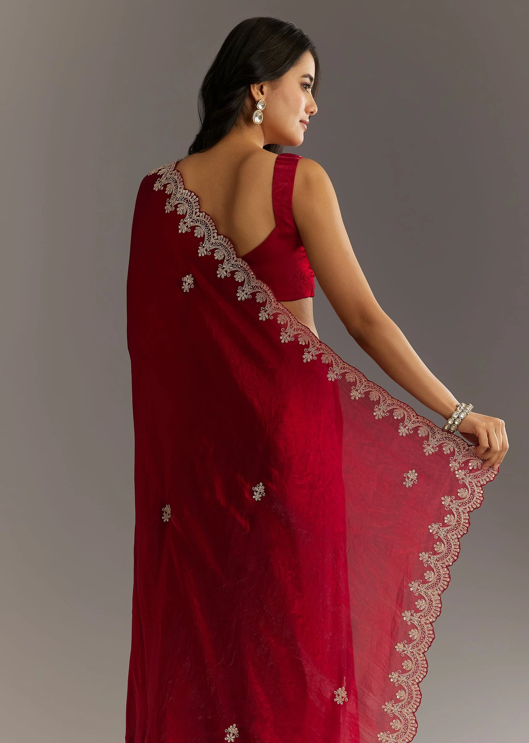 Maroon Satin Embroidered Saree With Scallop Border - Image 4