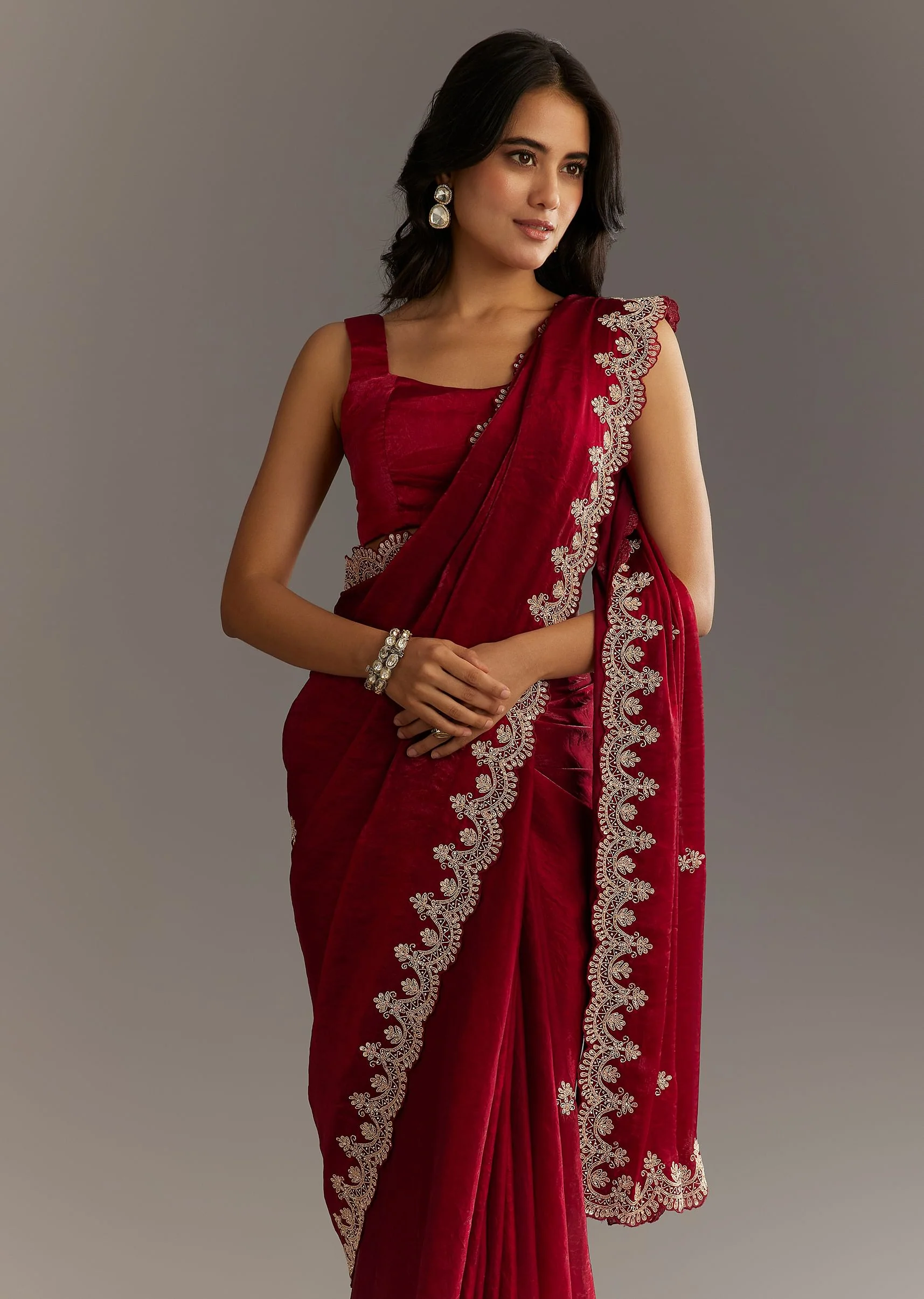 Maroon Satin Embroidered Saree With Scallop Border - Image 5