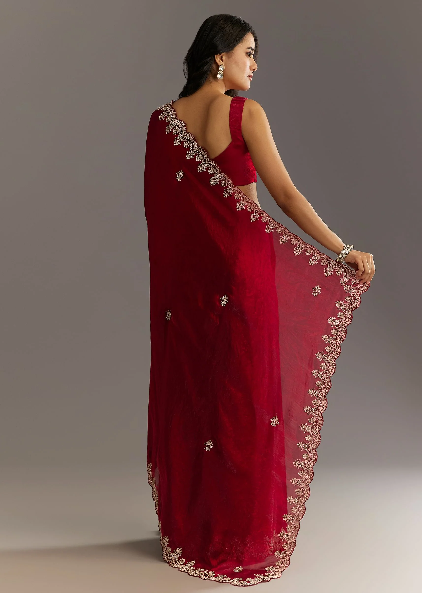 Maroon Satin Embroidered Saree With Scallop Border - Image 6