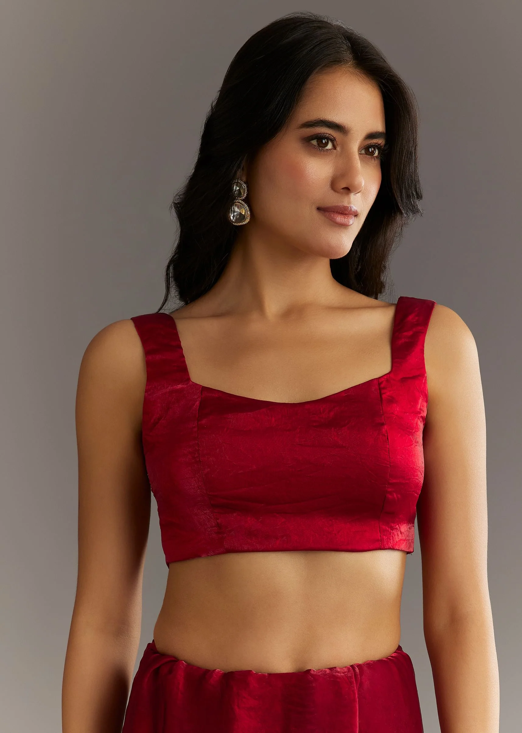 Maroon Satin Embroidered Saree With Scallop Border - Image 7