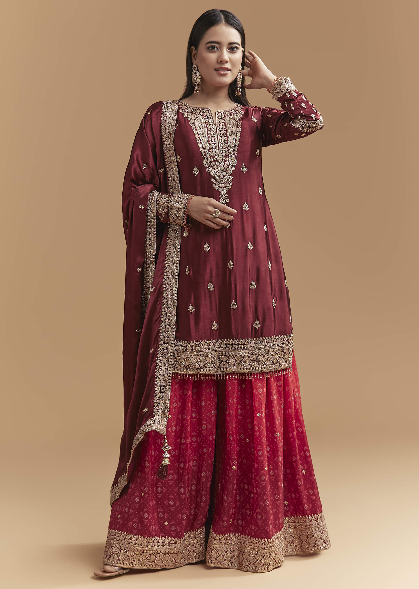 Maroon Satin Palazzo Suit With Heavy Zari Work - Image 3