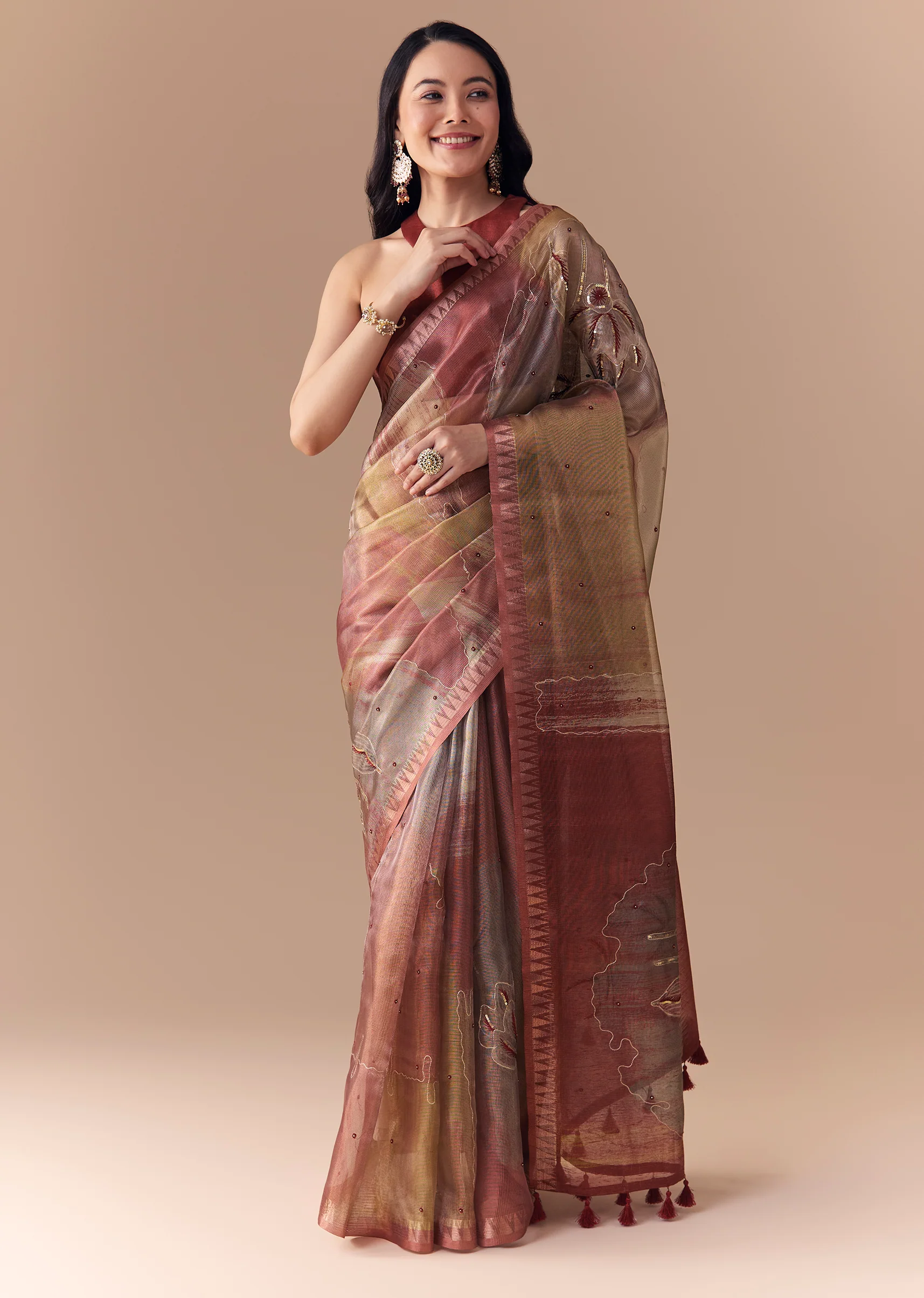 Maroon Shaded Organza Silk Saree with Unstitched Blouse