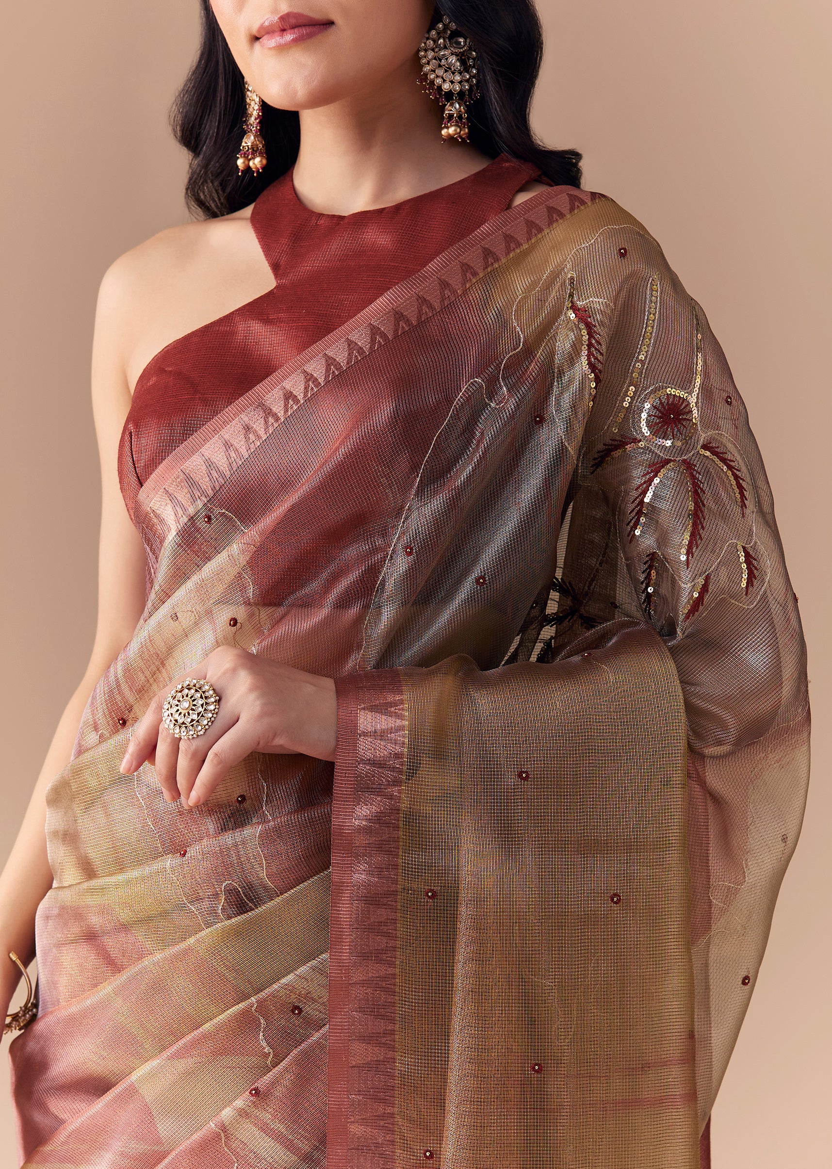 Maroon Shaded Organza Silk Saree with Unstitched Blouse - Image 2